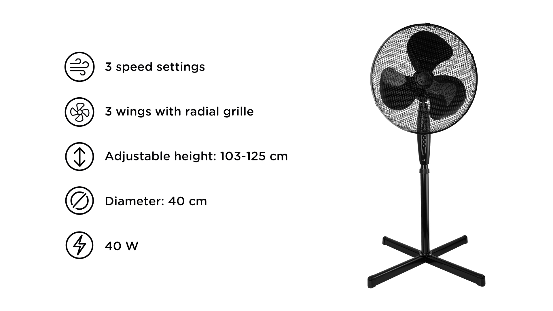 Czarny wentylator stojący z 3 łopatkami i średnicą 40 cm.