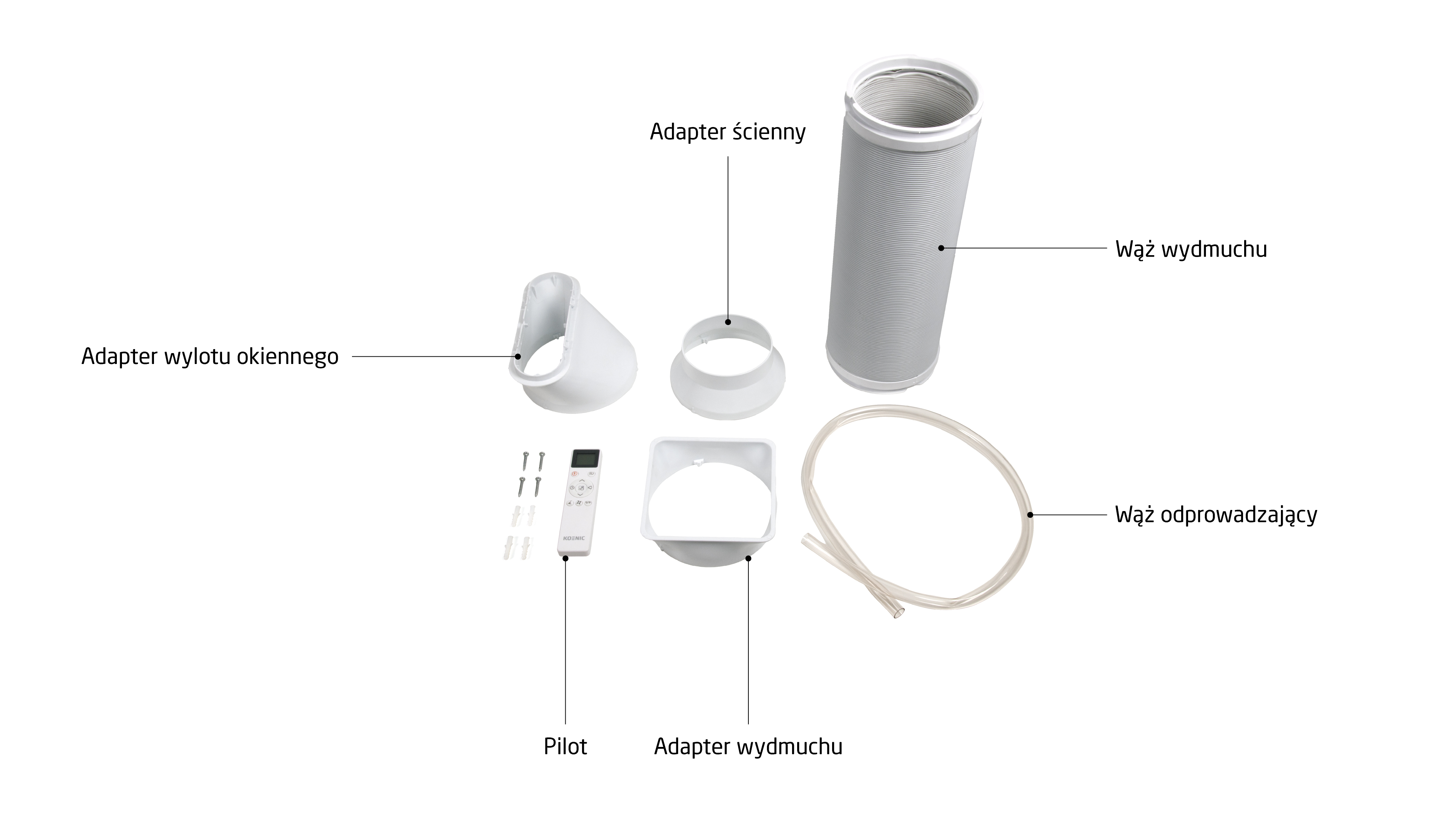 Akcesoria do klimatyzatora: adapter okienny, adapter ścienny, wąż wydmuchowy, pilot.