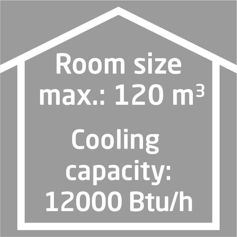 Rozmiar pokoju max. 120 m³, wydajność chłodzenia 12000 Btu/h.