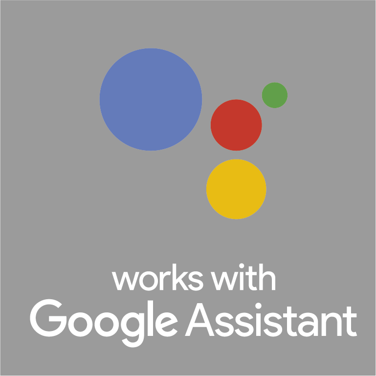 Logo Asystenta Google z czterema kołami: niebieskim, czerwonym, żółtym, zielonym. Tekst: works with Google Assistant.