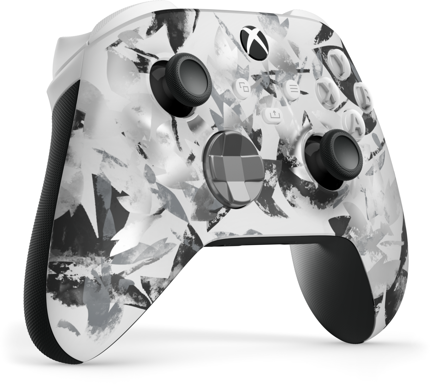 Egy Xbox kontroller fehér, szürke és fekete absztrakt mintával.