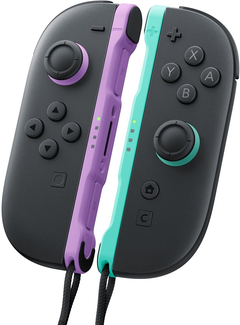 Két Nintendo Switch Joy-Con kontroller, egyik lila, másik türkiz.
