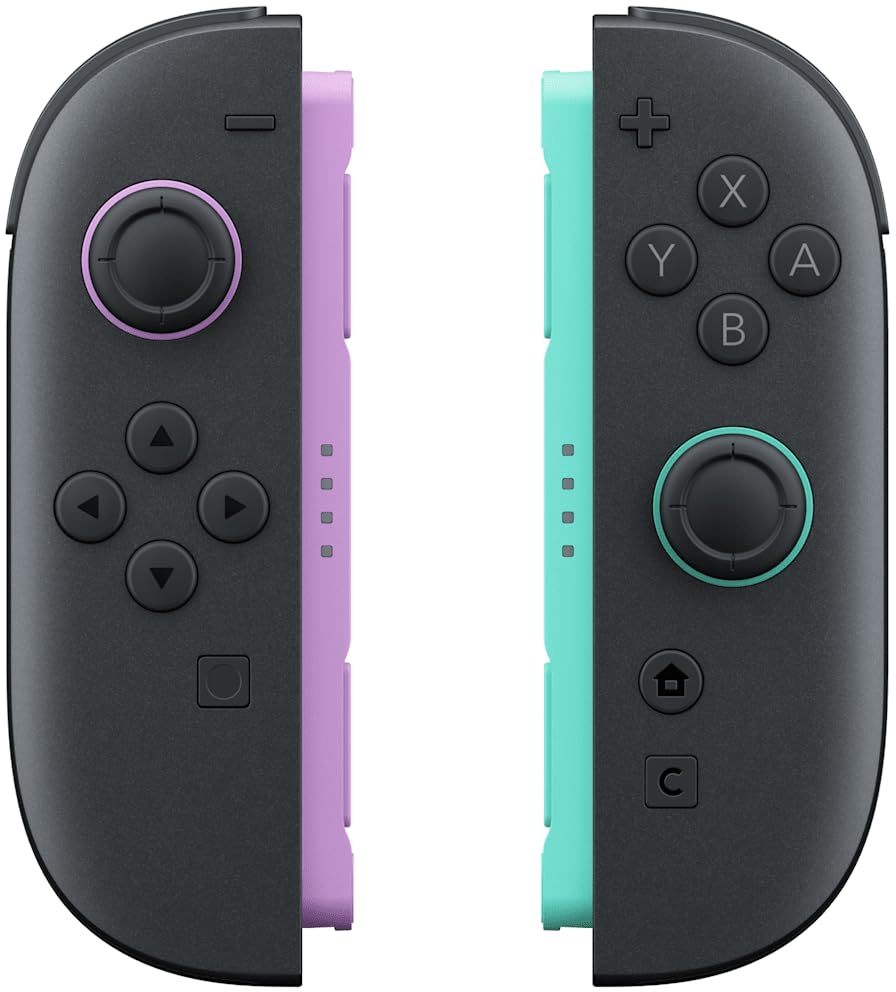 Két Nintendo Switch Joy-Con kontroller, bal lila, jobb türkiz.