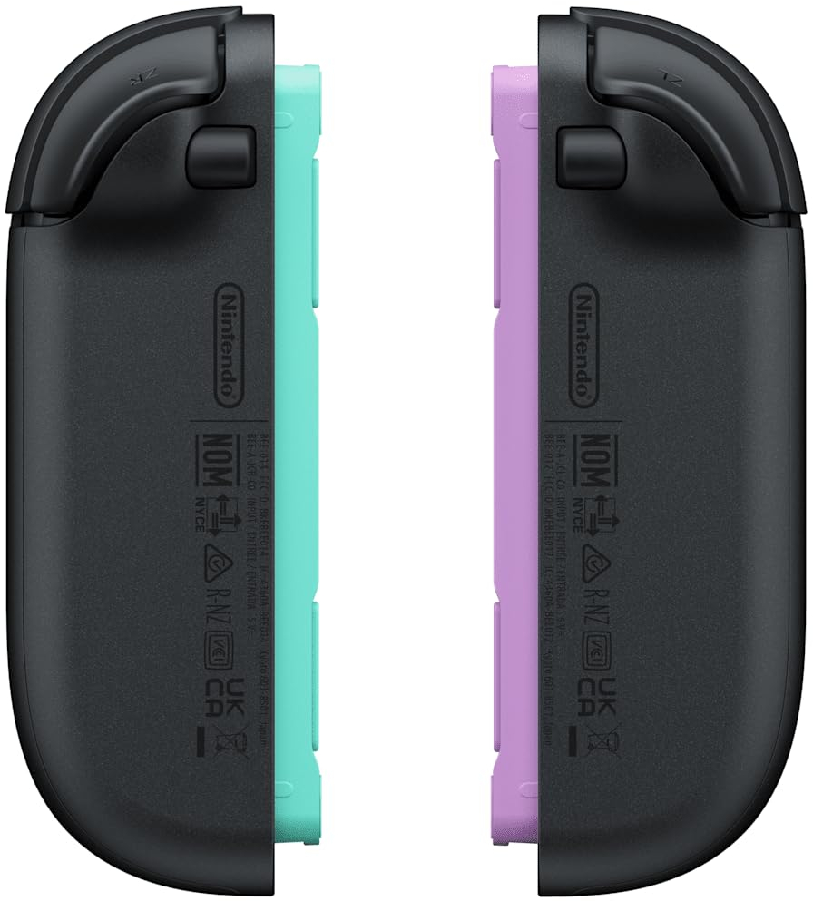 Két Nintendo Switch Joy-Con kontroller, egyik mentazöld, másik levendula színű.