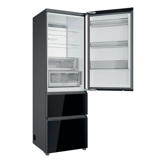 Refrigerador negro abierto con frente de cristal y dos cajones.