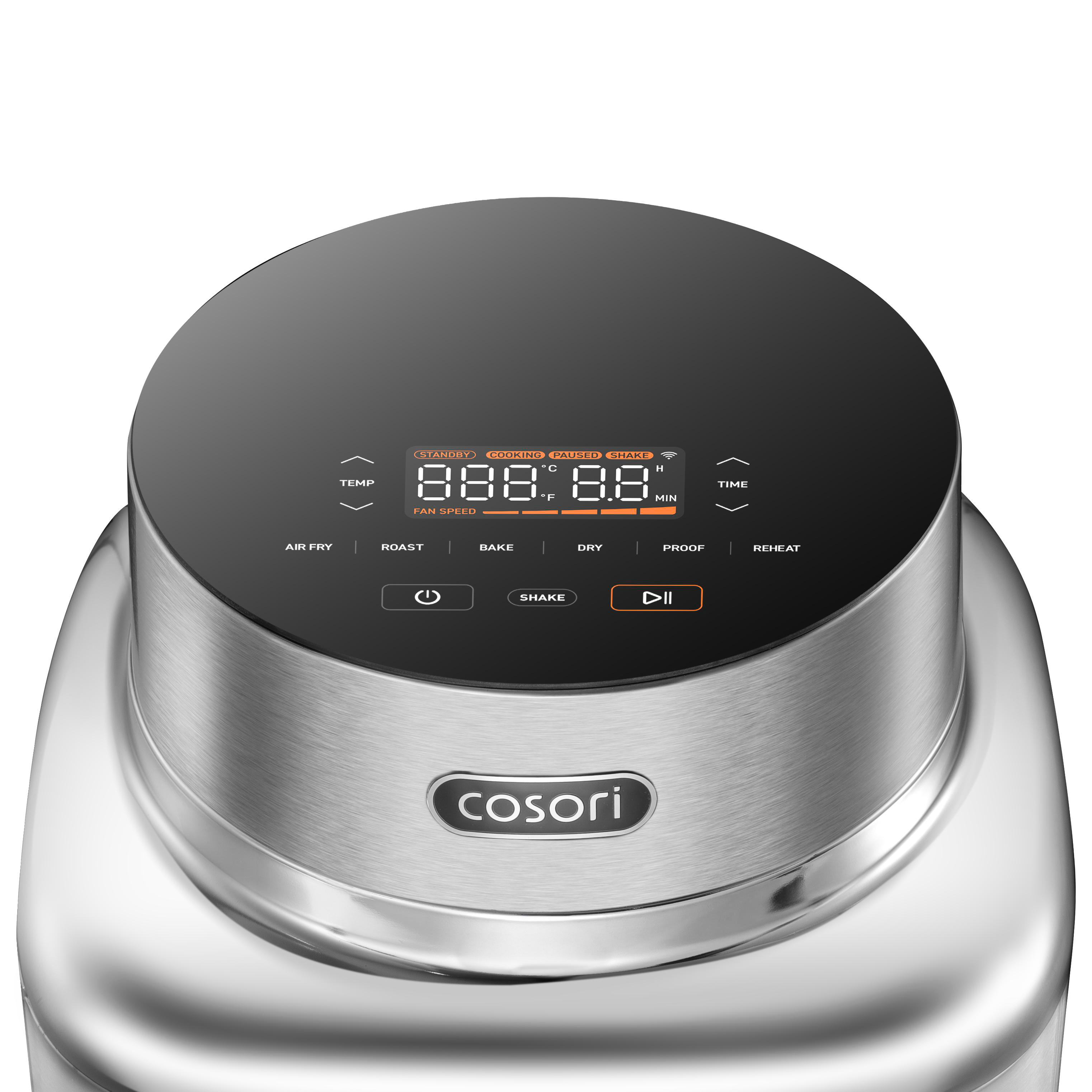 Ein silberner Cosori Air Fryer mit digitalem Display und Kochmodi.