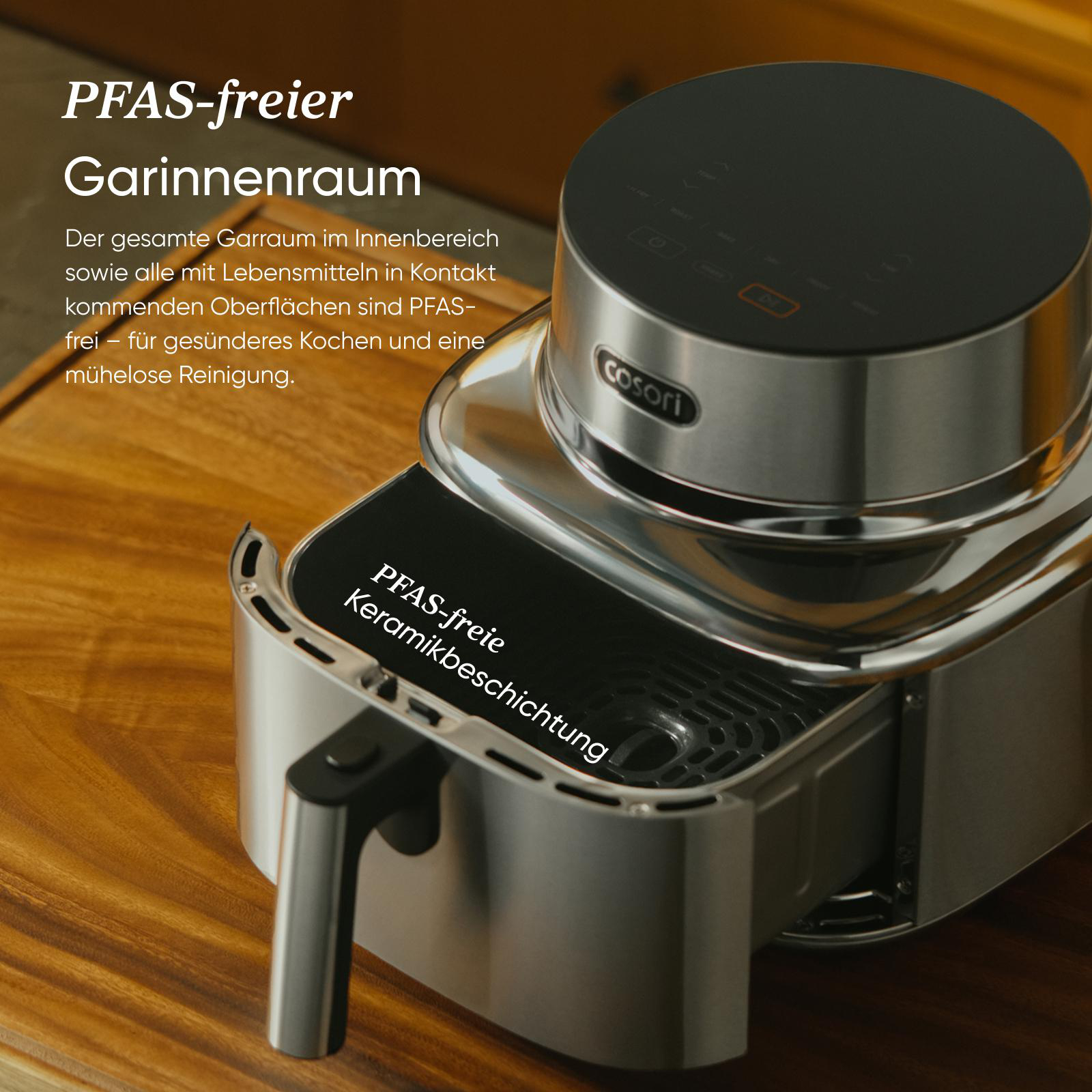 Edelstahl-Heißluftfritteuse mit digitalem Display und Griff. Keramikbeschichtung innen.