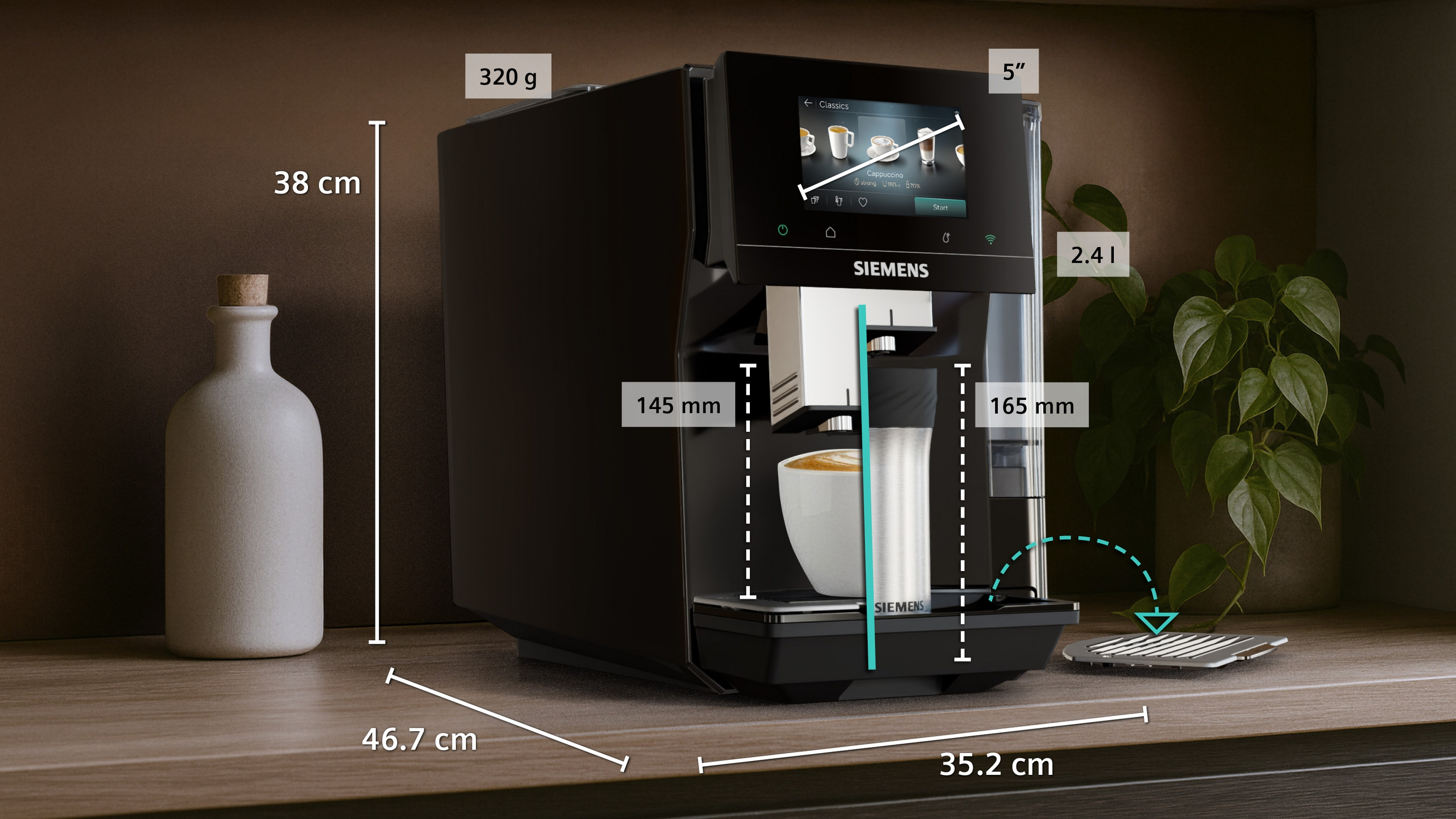 Machine à café noire avec écran tactile, dimensions et réservoir d'eau.