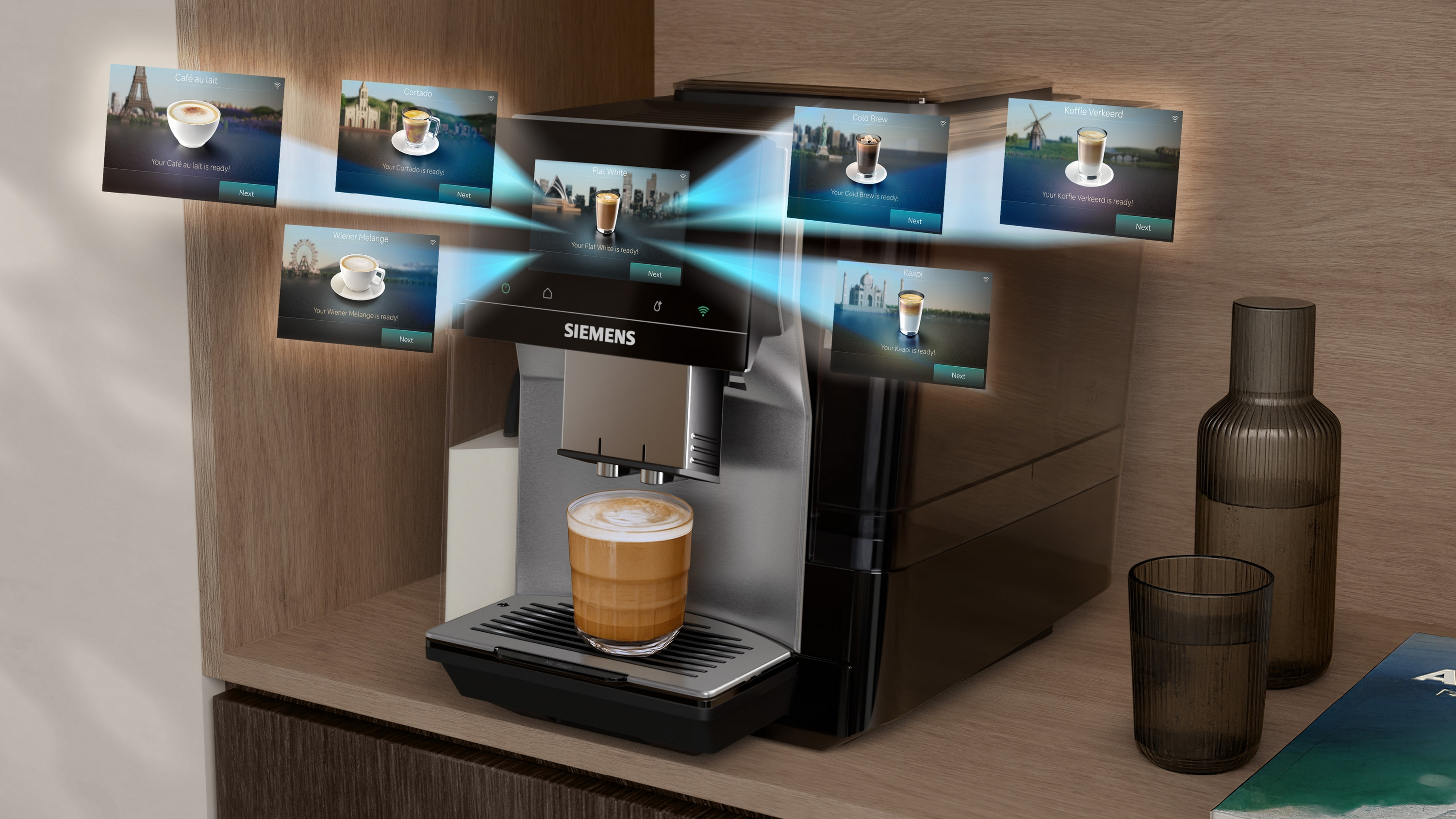 Machine à café avec écran tactile affichant diverses boissons au café.