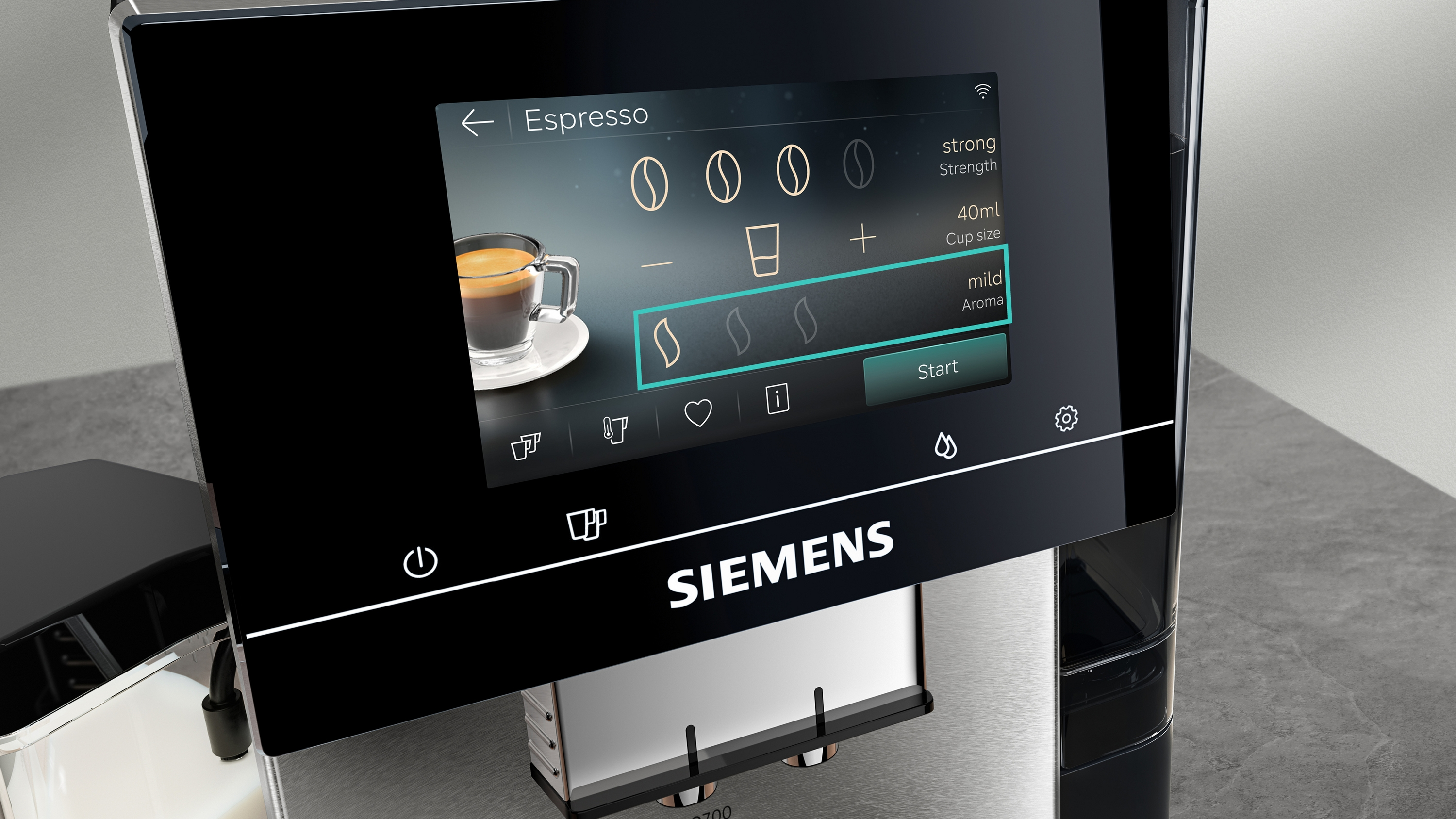 Machine à expresso Siemens avec écran tactile. Une tasse d'expresso est prête.