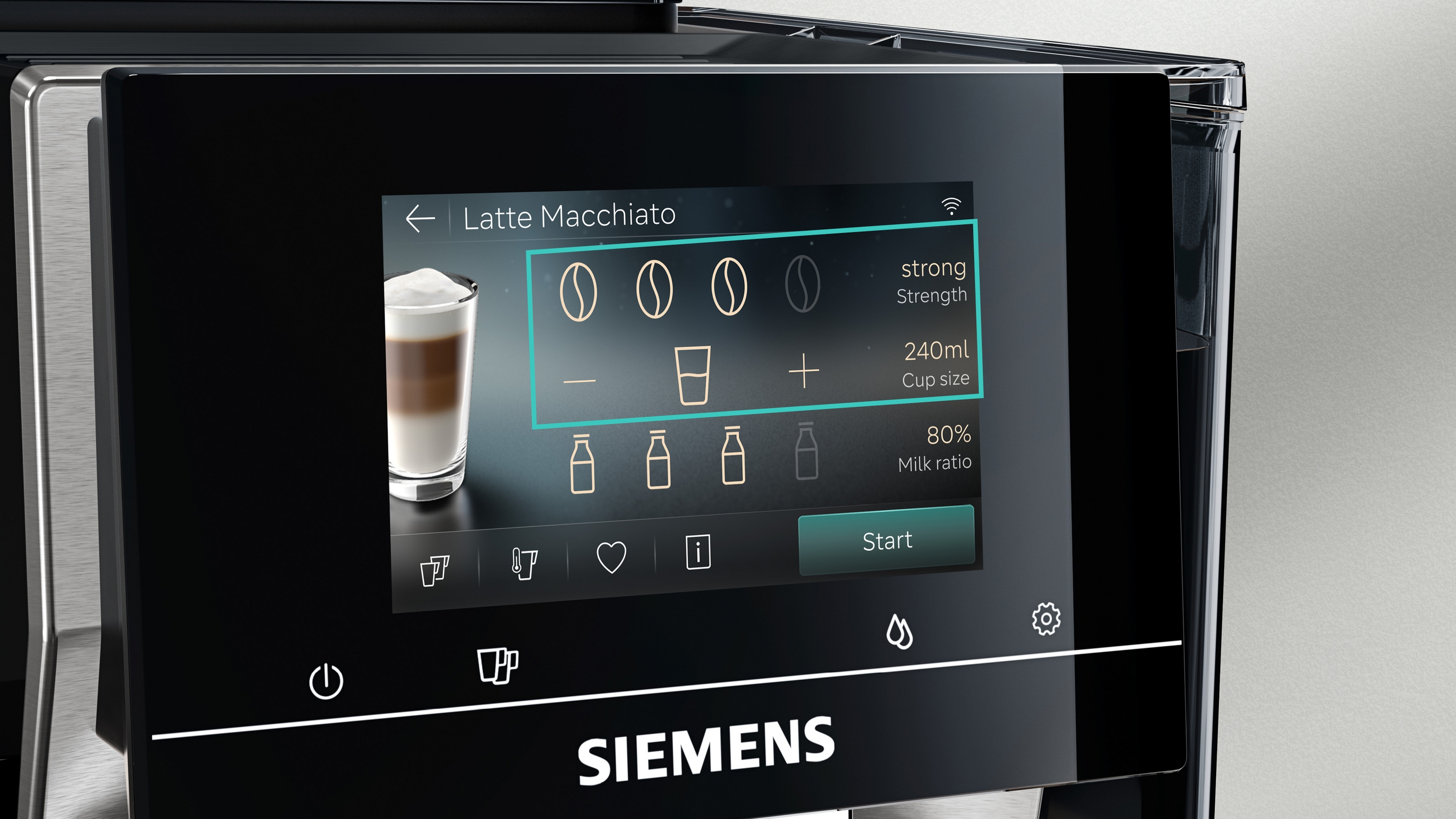 Machine à café Siemens affiche menu Latte Macchiato. Verre de café et mousse de lait.