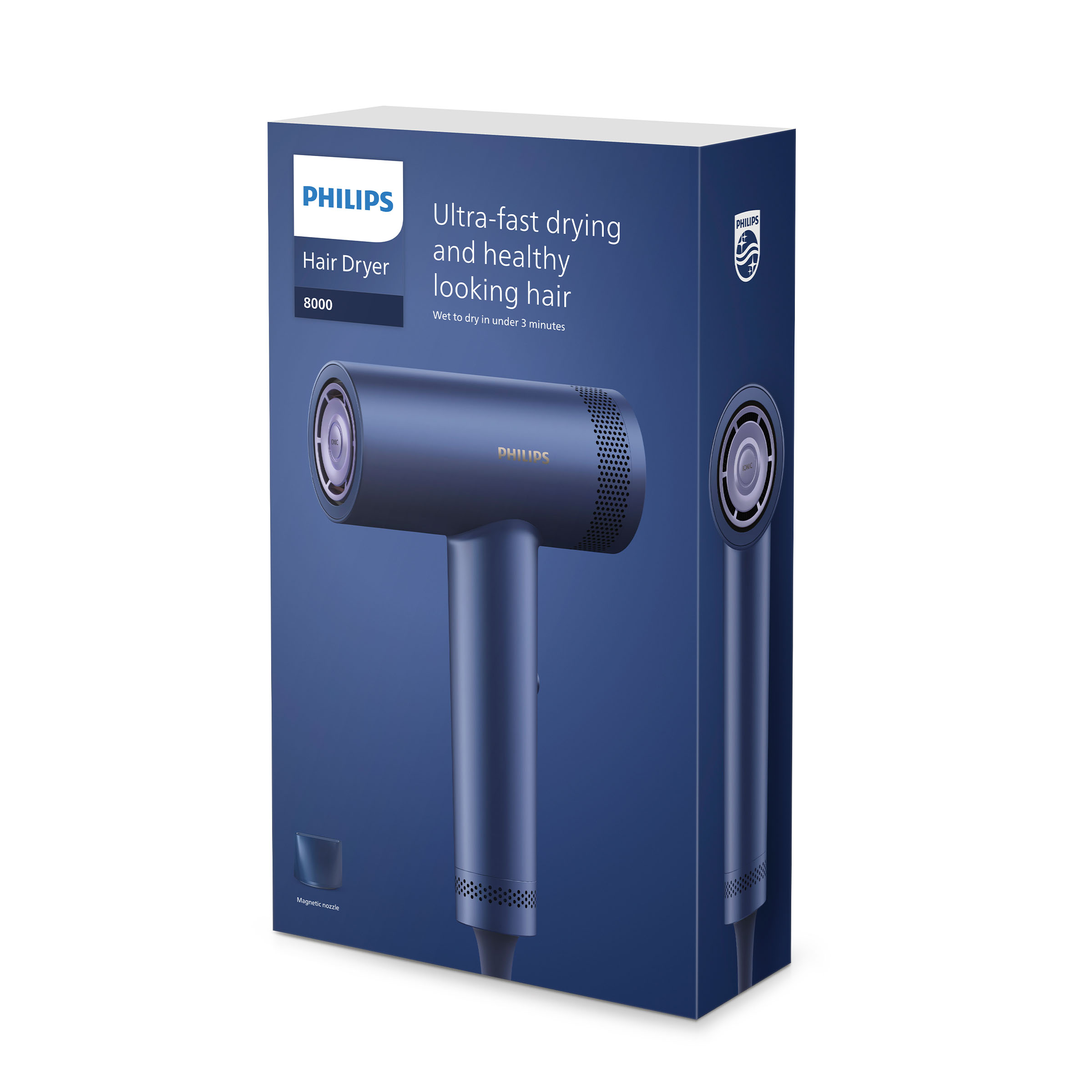 Granatowe pudełko suszarki do włosów Philips z obrazem suszarki.
