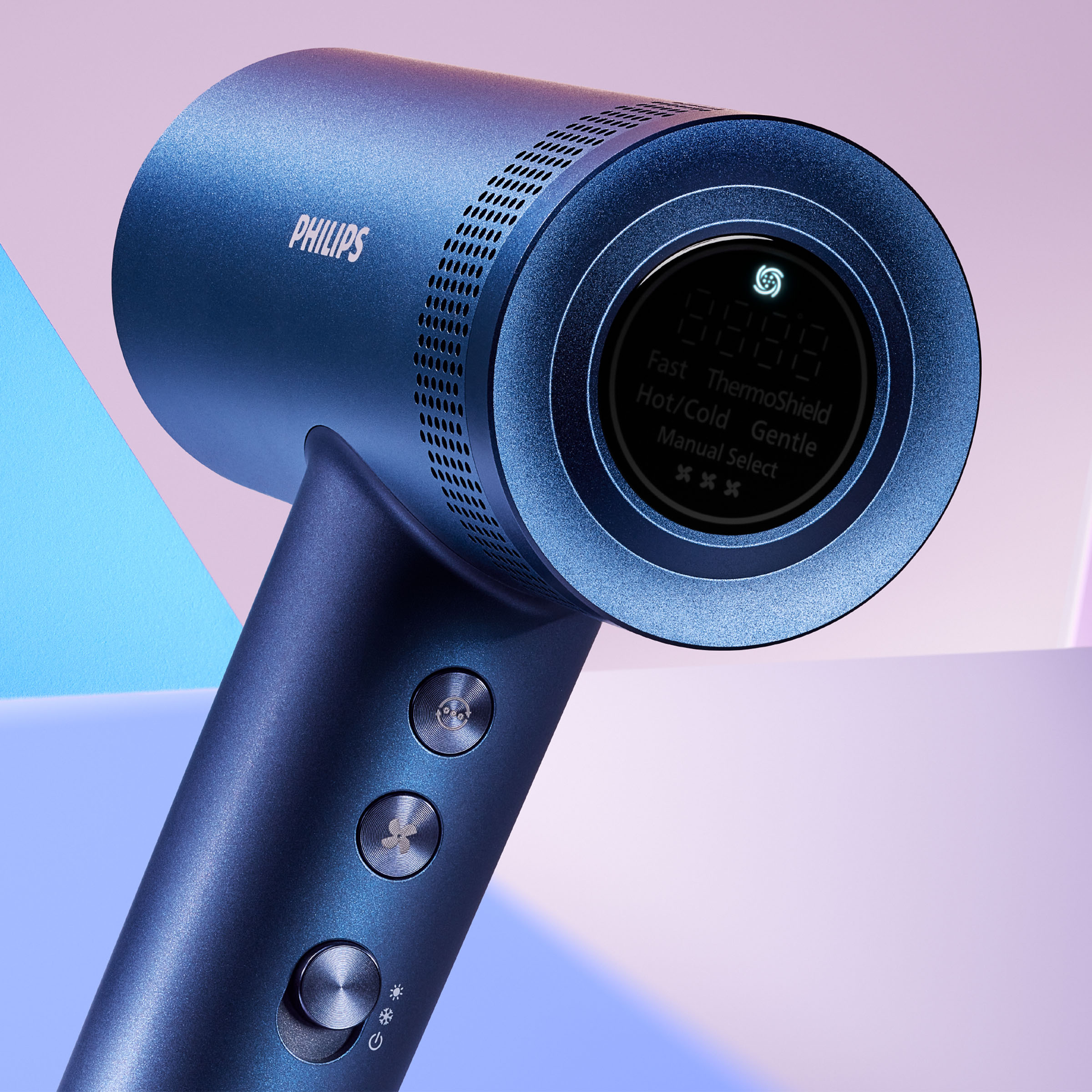 Niebieska suszarka do włosów Philips z cyfrowym wyświetlaczem i przyciskami.