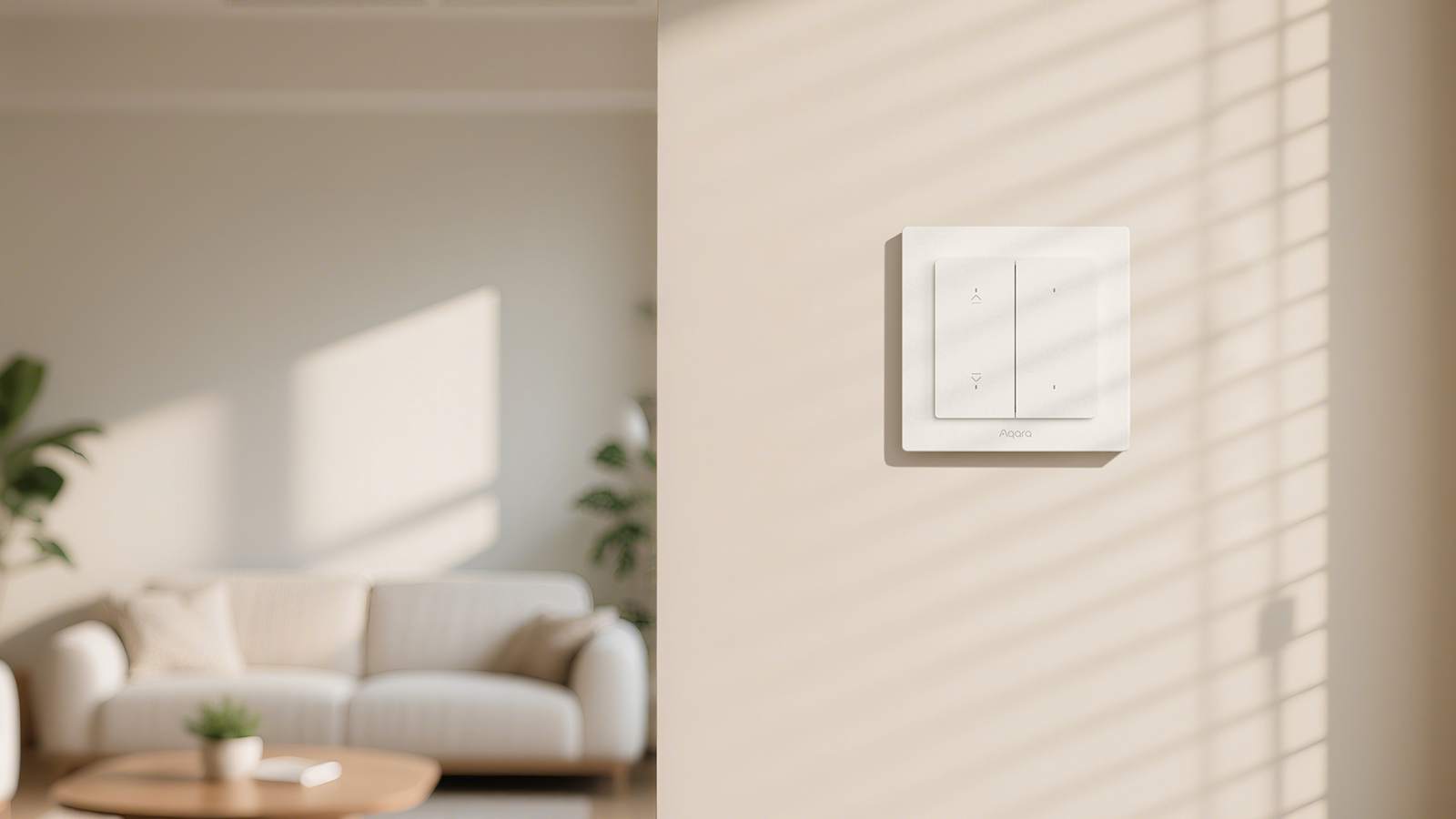 Ein weißer Lichtschalter mit zwei Tasten an einer Wand. Ein Wohnzimmer ist unscharf im Hintergrund.