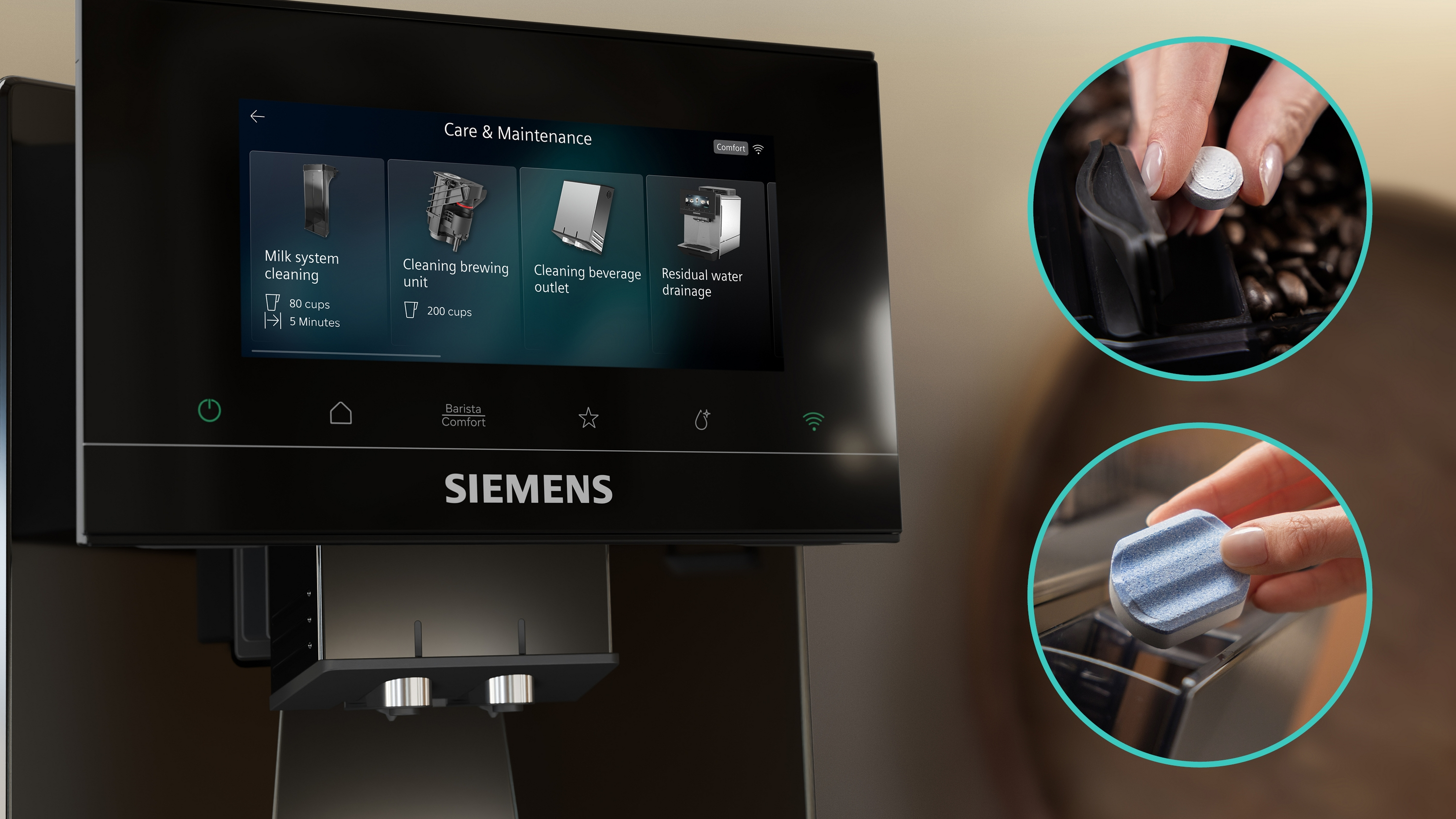 Machine à café Siemens affichant le menu Entretien & Maintenance. Mains insérant pastille nettoyage.