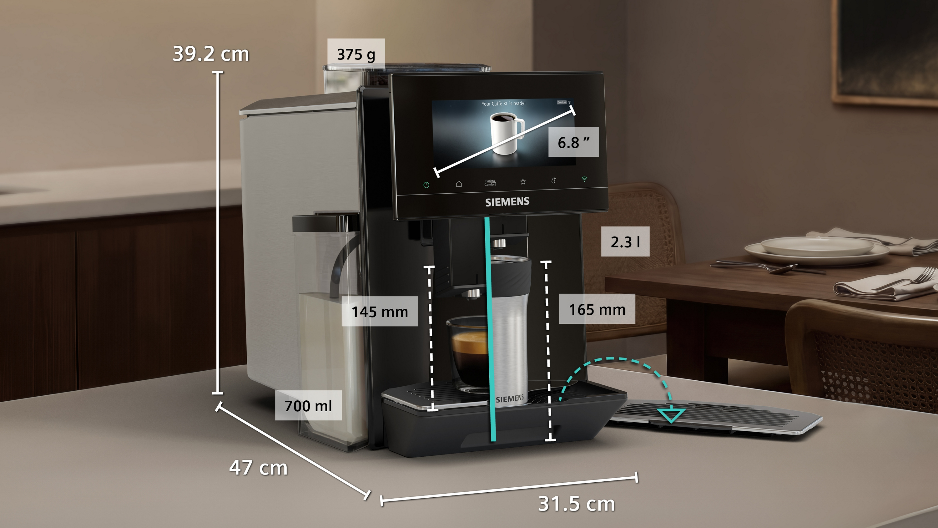 Une machine à café Siemens avec dimensions et contenants.