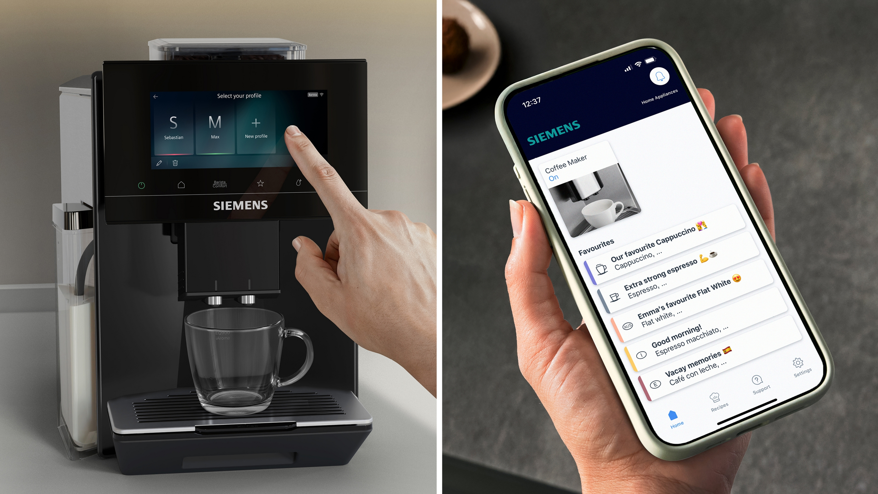 Une machine à café Siemens avec écran tactile et application smartphone.