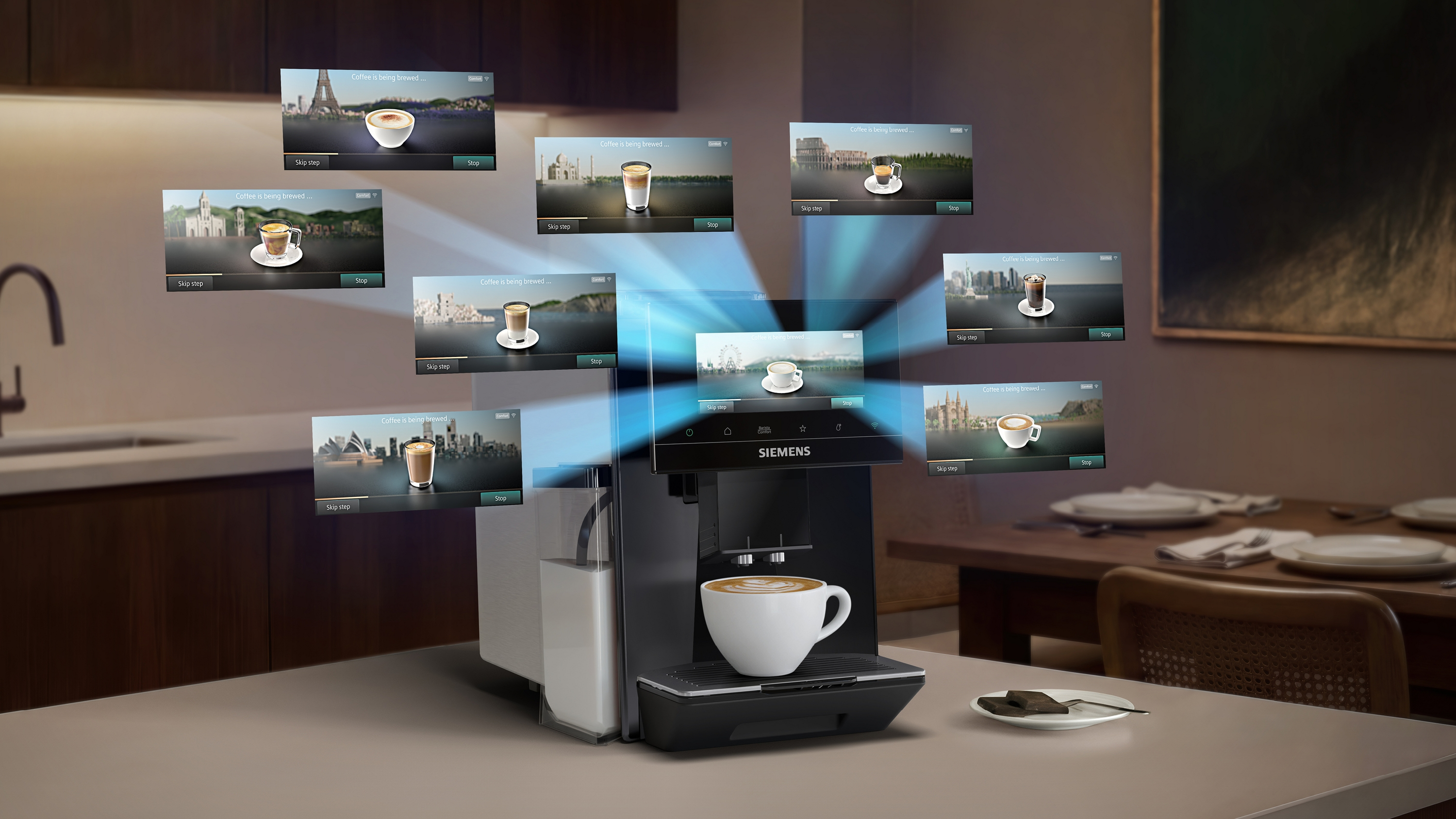 Machine à café avec plusieurs échantillons de café montrant des monuments célèbres.