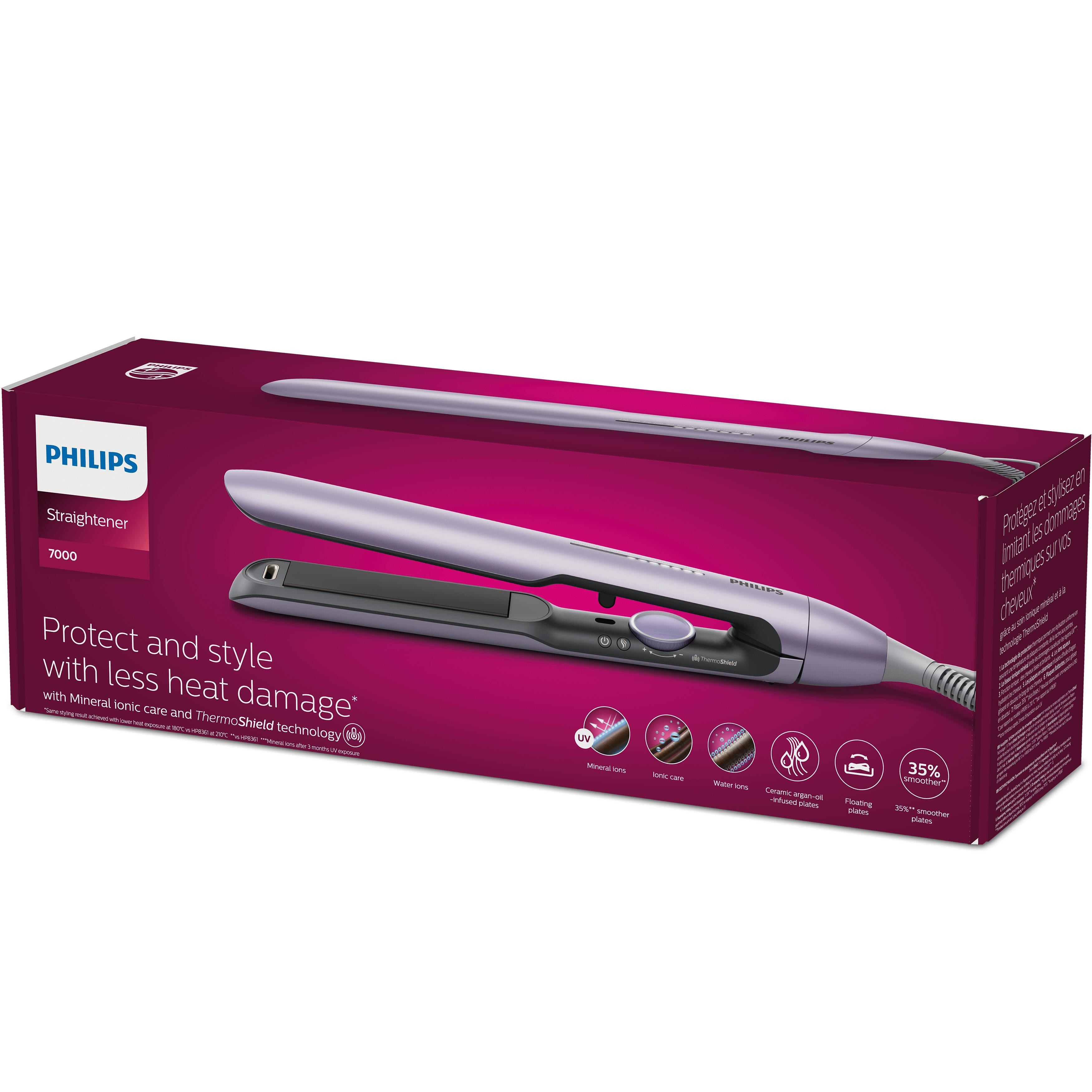 Pudełko prostownicy Philips z obrazem produktu i cechami.