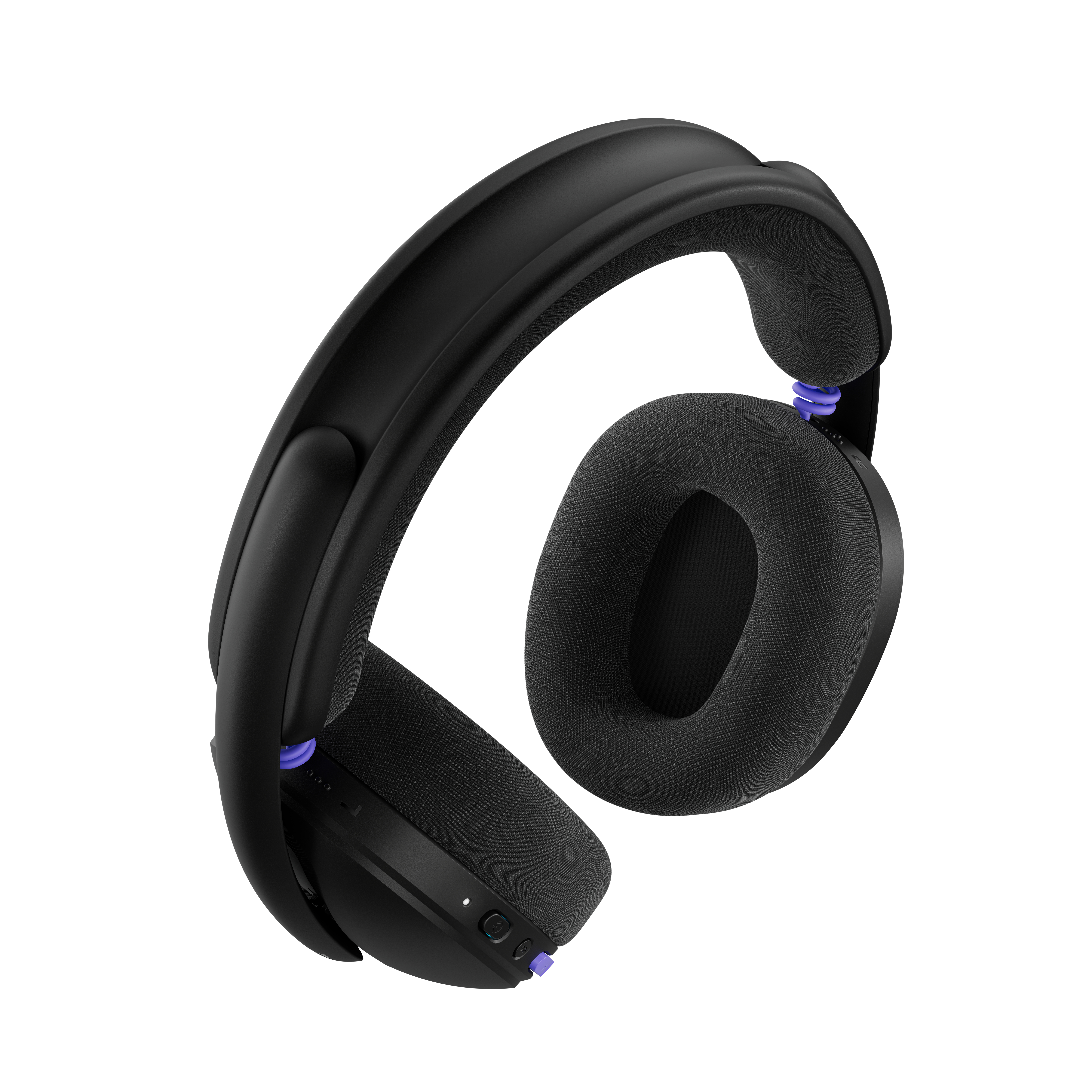 Auriculares negros con acentos morados, aislados sobre fondo blanco.
