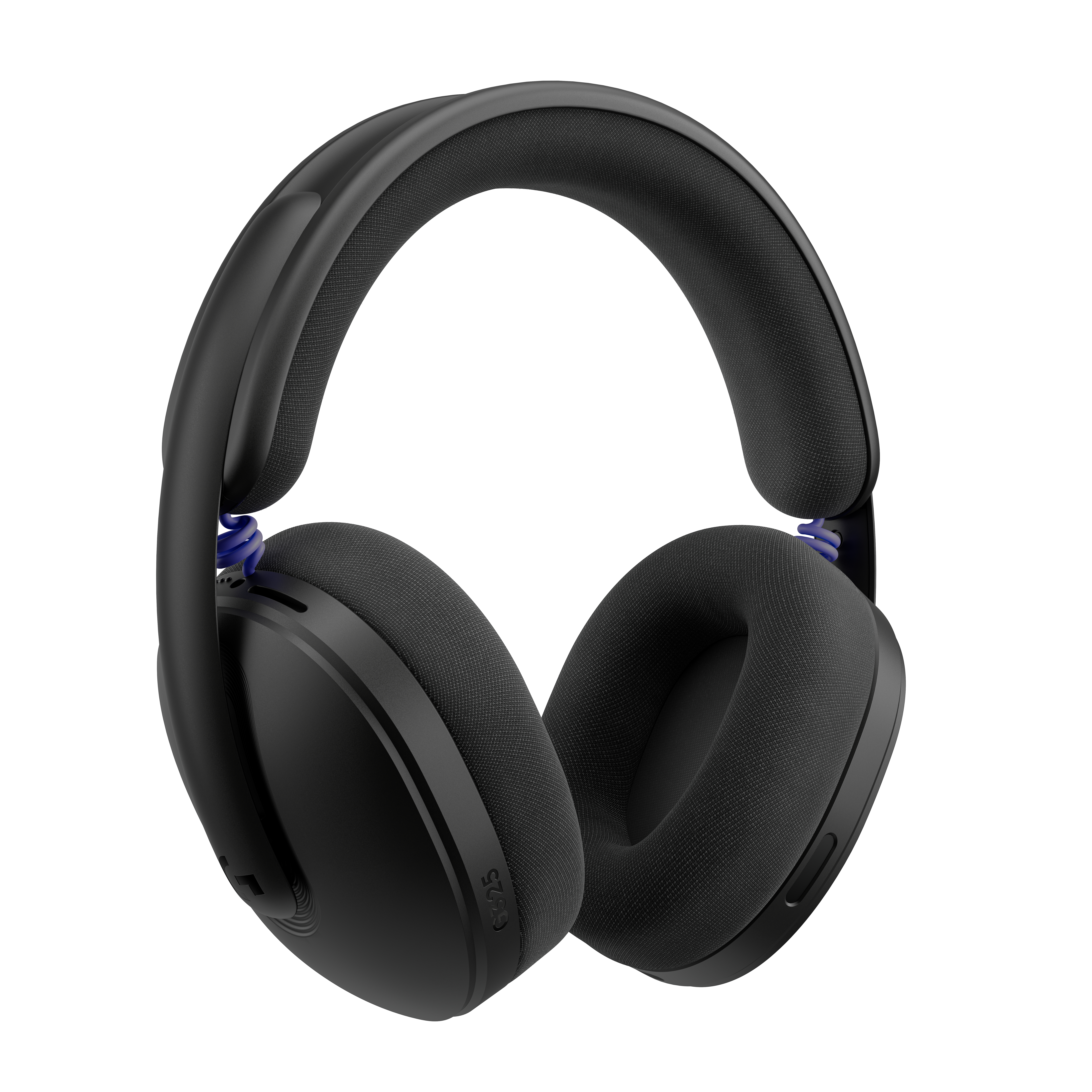 Auriculares negros con cable en espiral azul y almohadillas acolchadas.