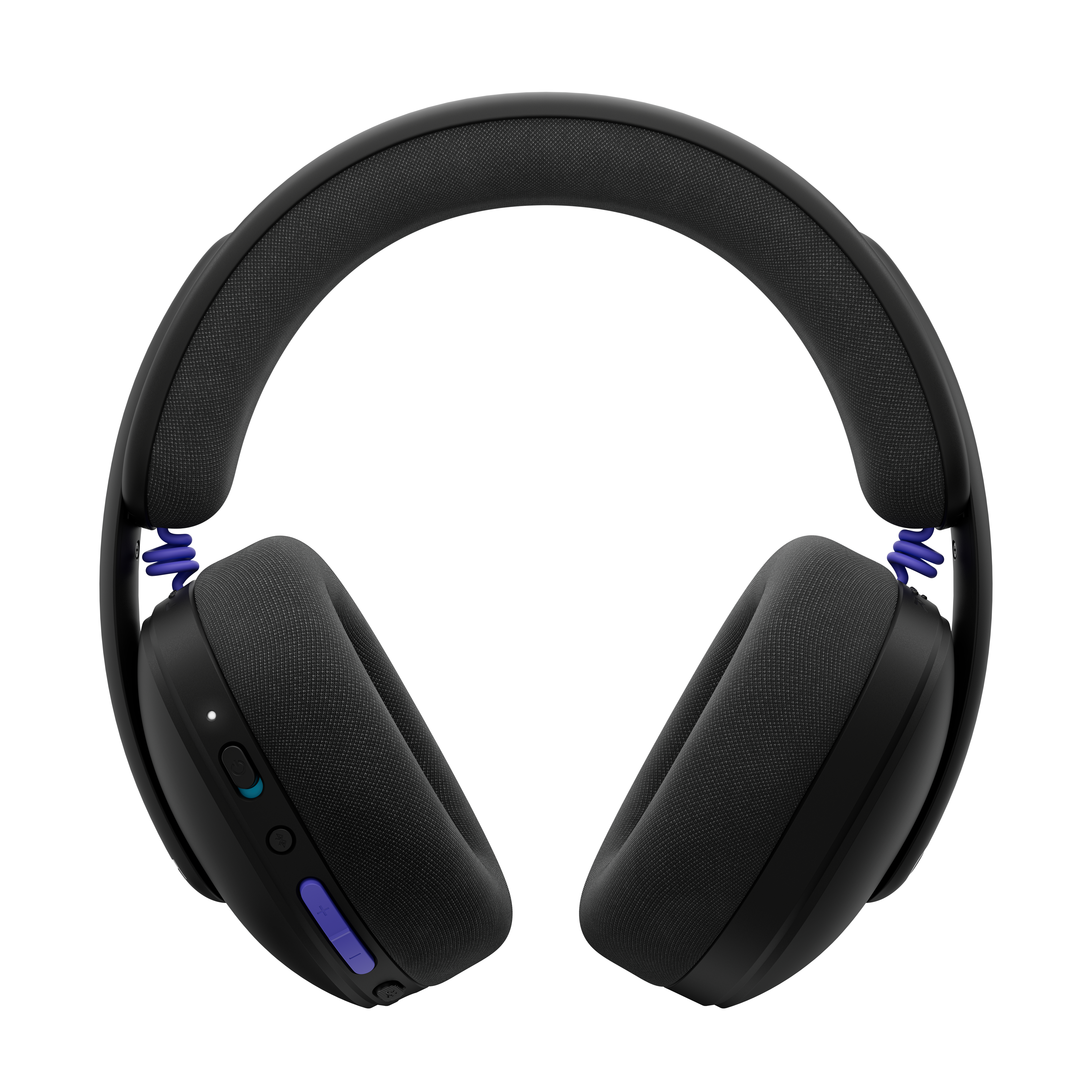 Auriculares negros con resortes y botones azules sobre fondo blanco.