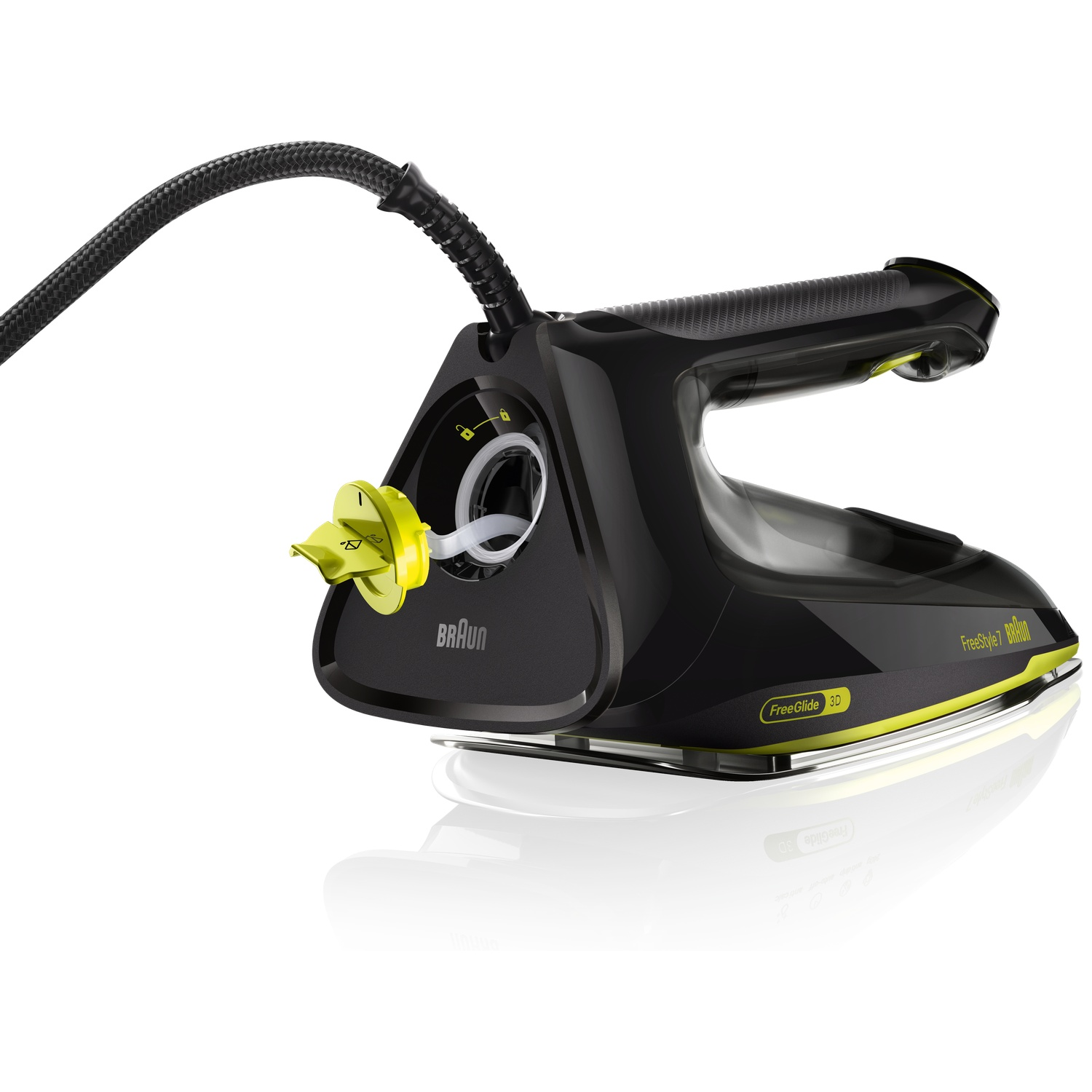 Fer à vapeur noir avec accents jaunes et un tuyau