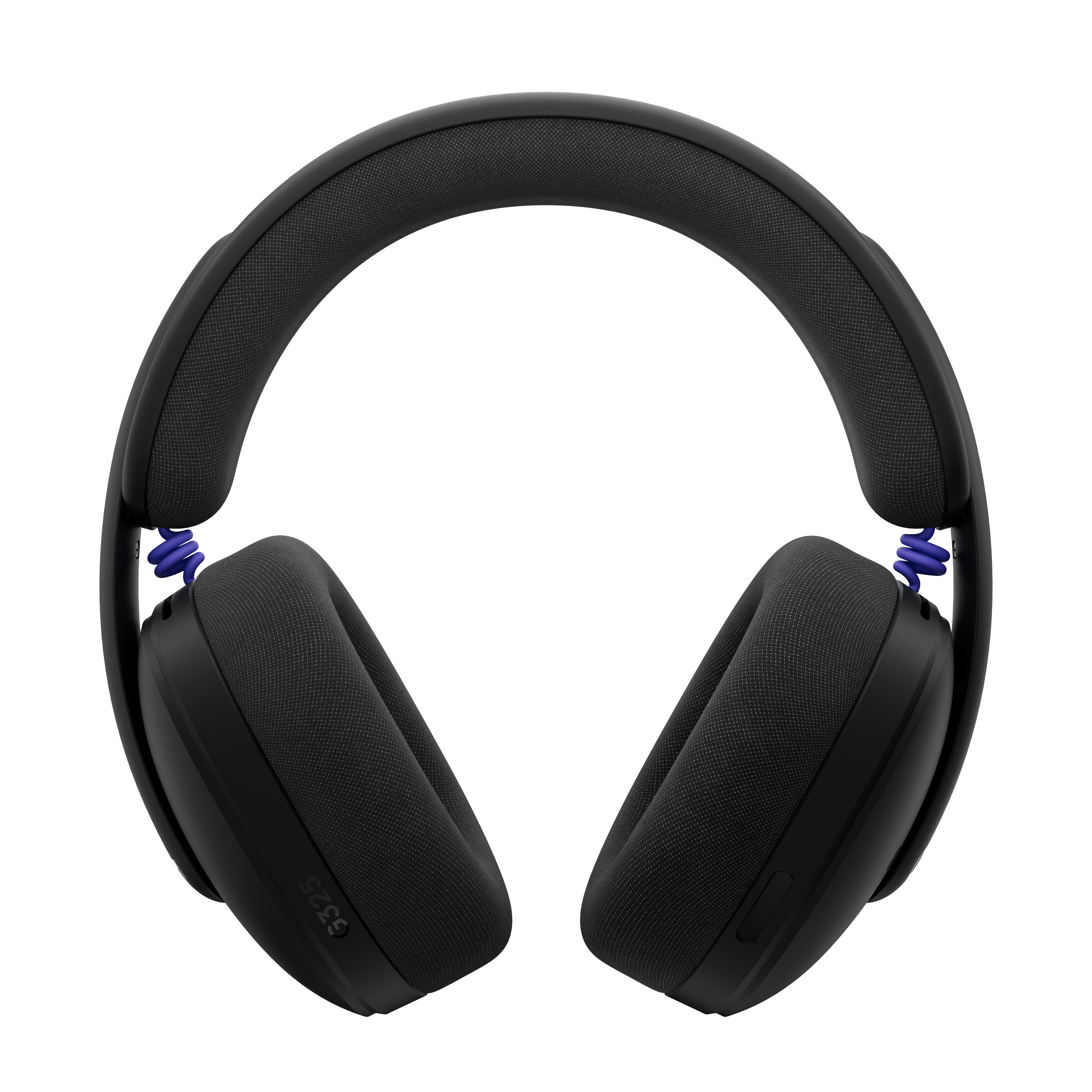 Auriculares negros con resortes azules, sobre fondo blanco.