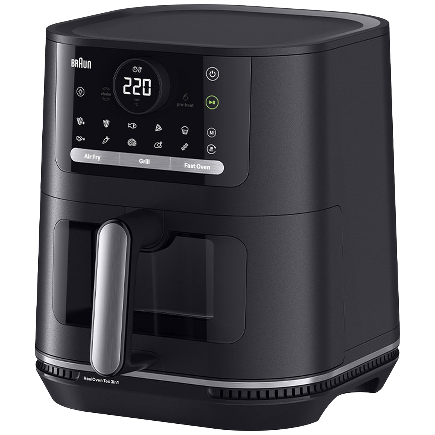 Friteuse à air Braun noire avec écran numérique et poignée.