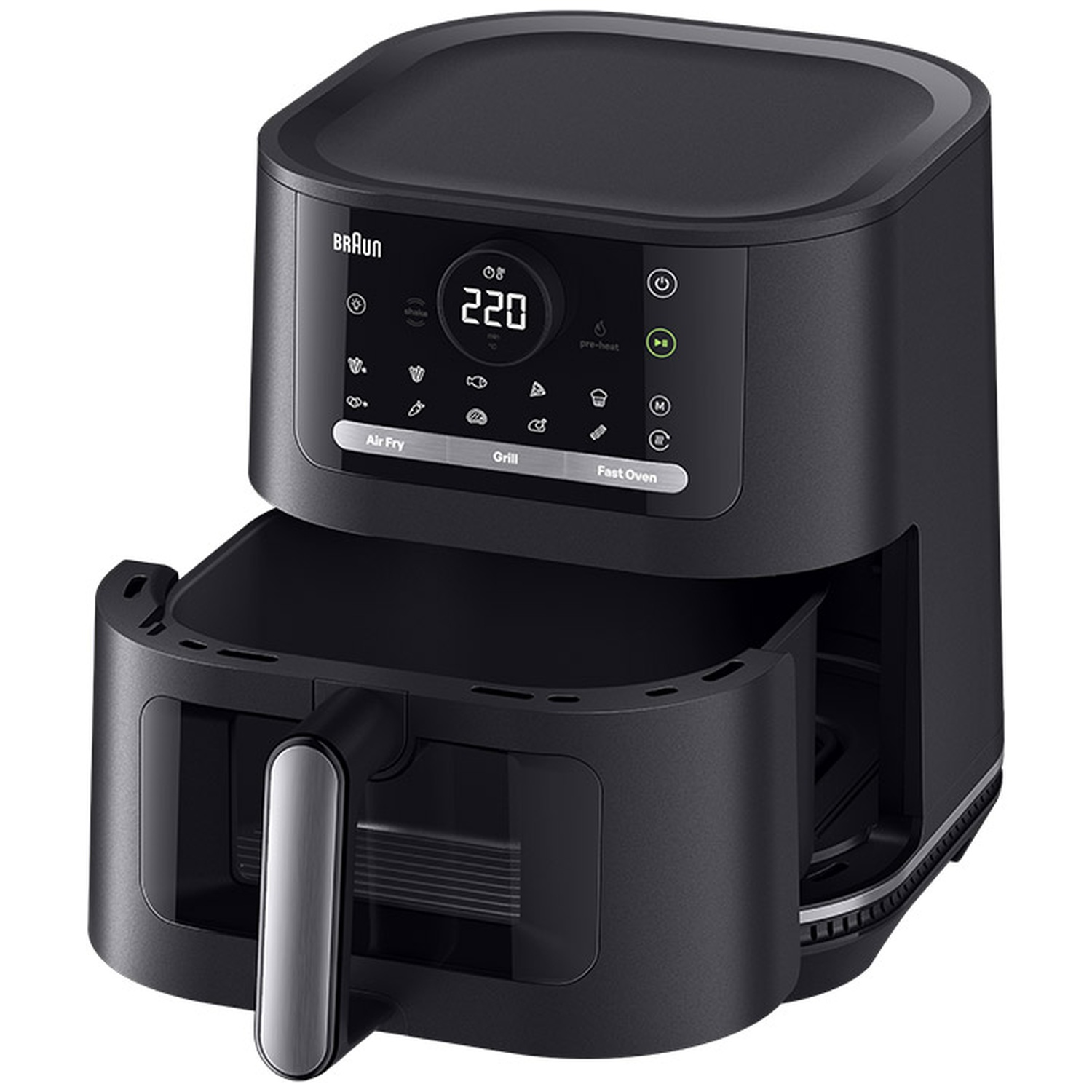 Friteuse à air Braun noire avec écran numérique et panier amovible.