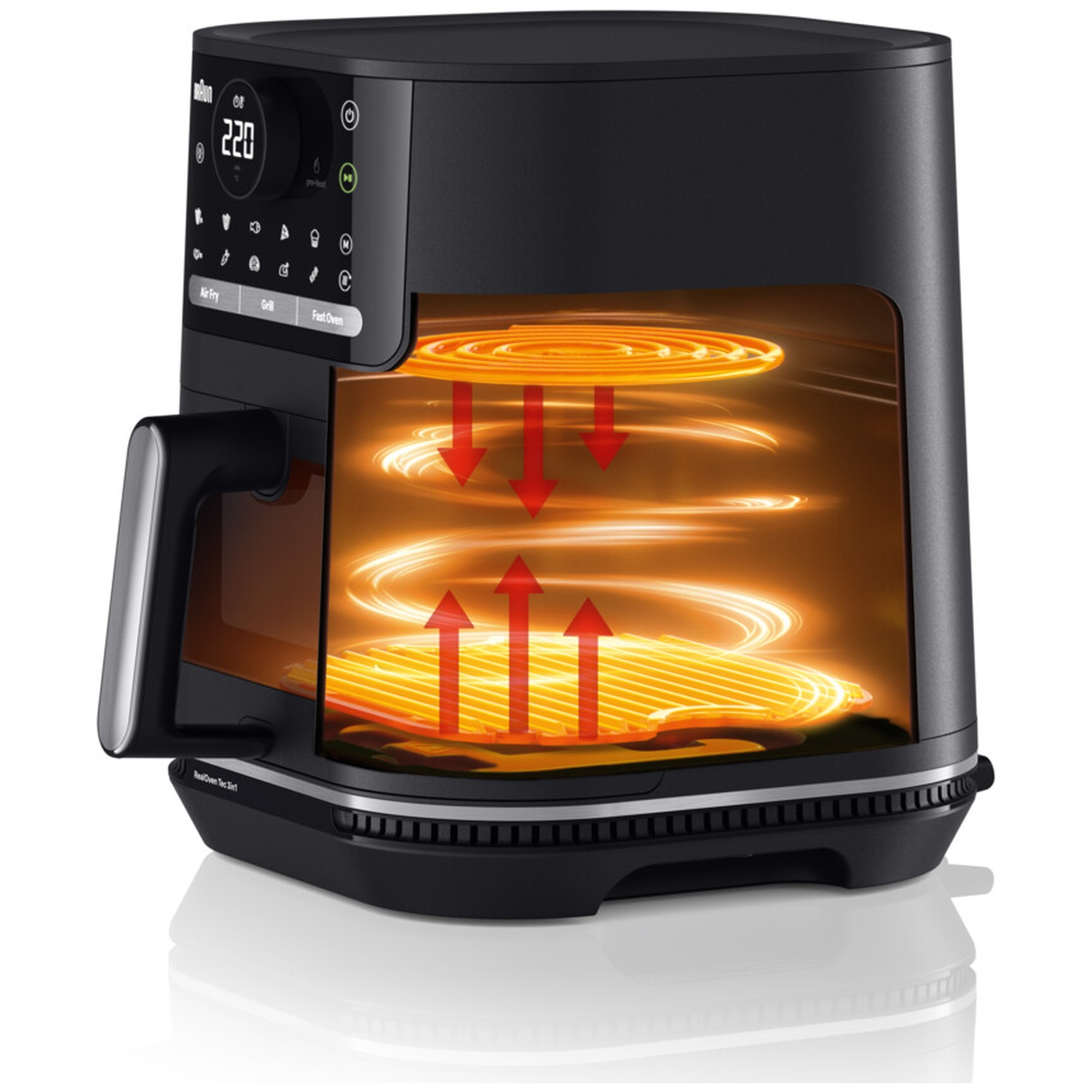 Une friteuse à air noire avec une porte transparente montrant la résistance chauffante.