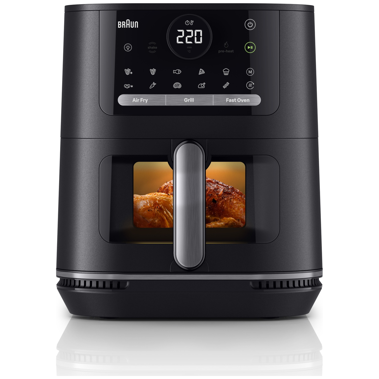 Frig Air Braun noir avec deux poulets rôtis visibles par la fenêtre.
