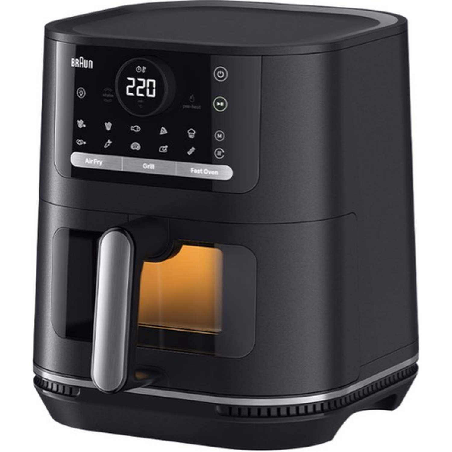 Friteuse à air Braun noire avec écran numérique et poignée argentée.