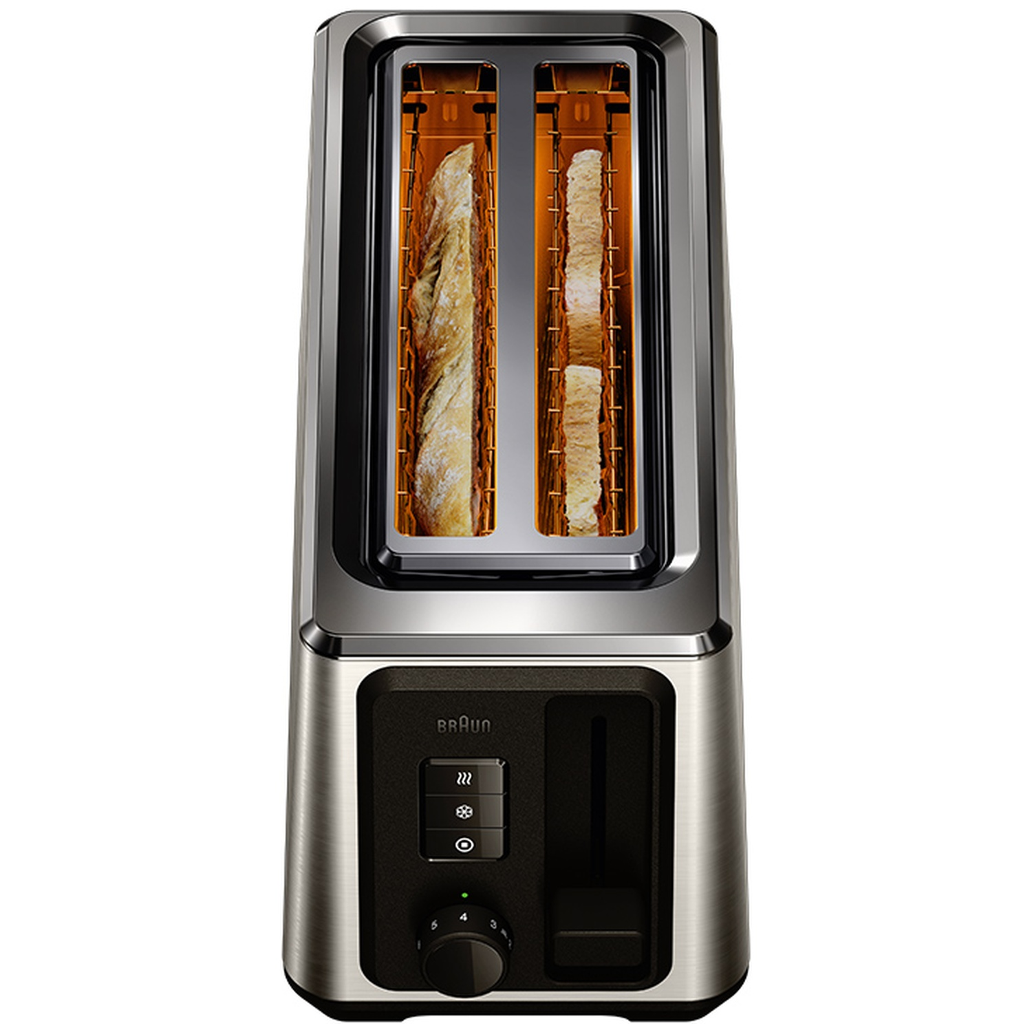 A silver toaster with two slices of bread toasting inside.