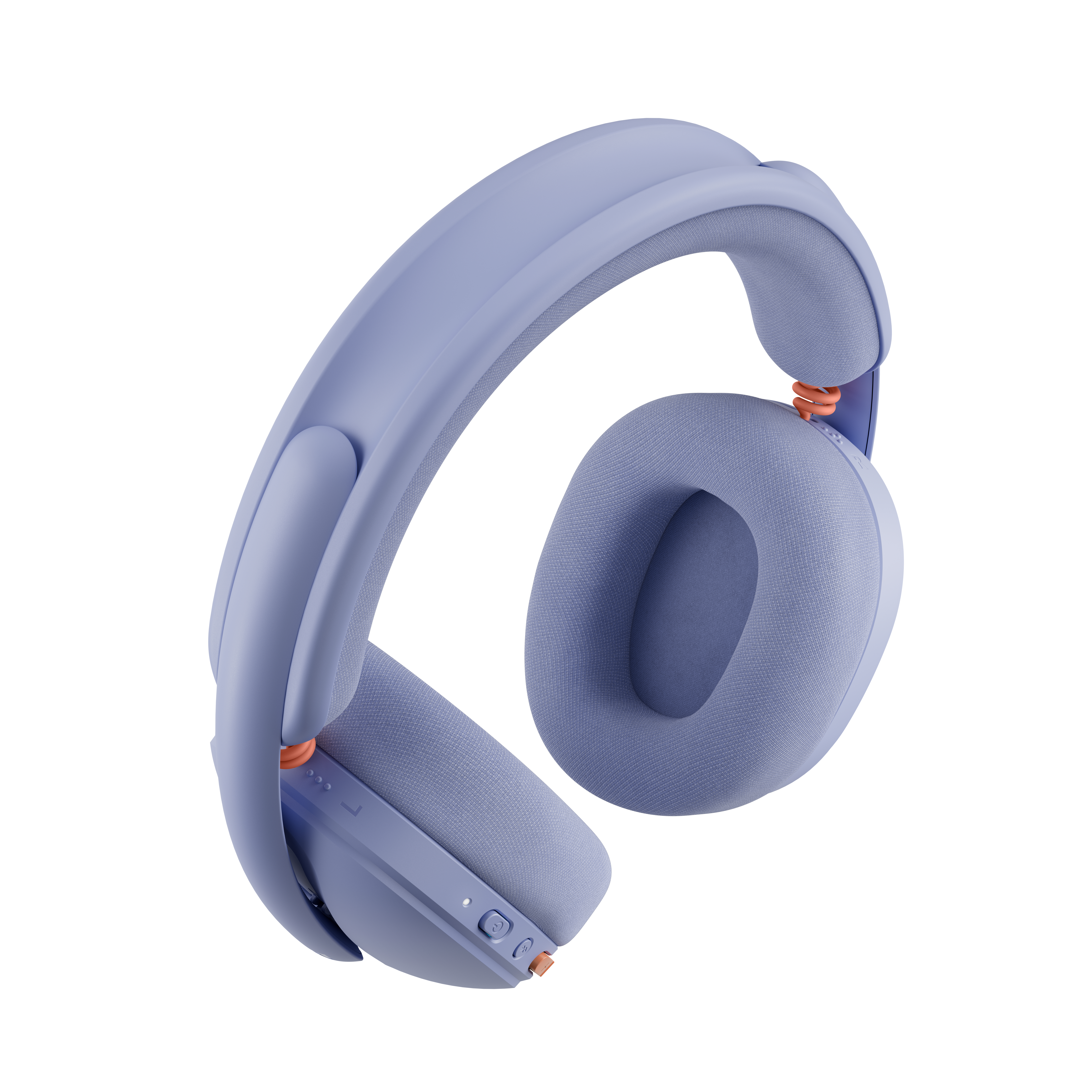 Auriculares morados con detalles naranjas sobre fondo blanco.