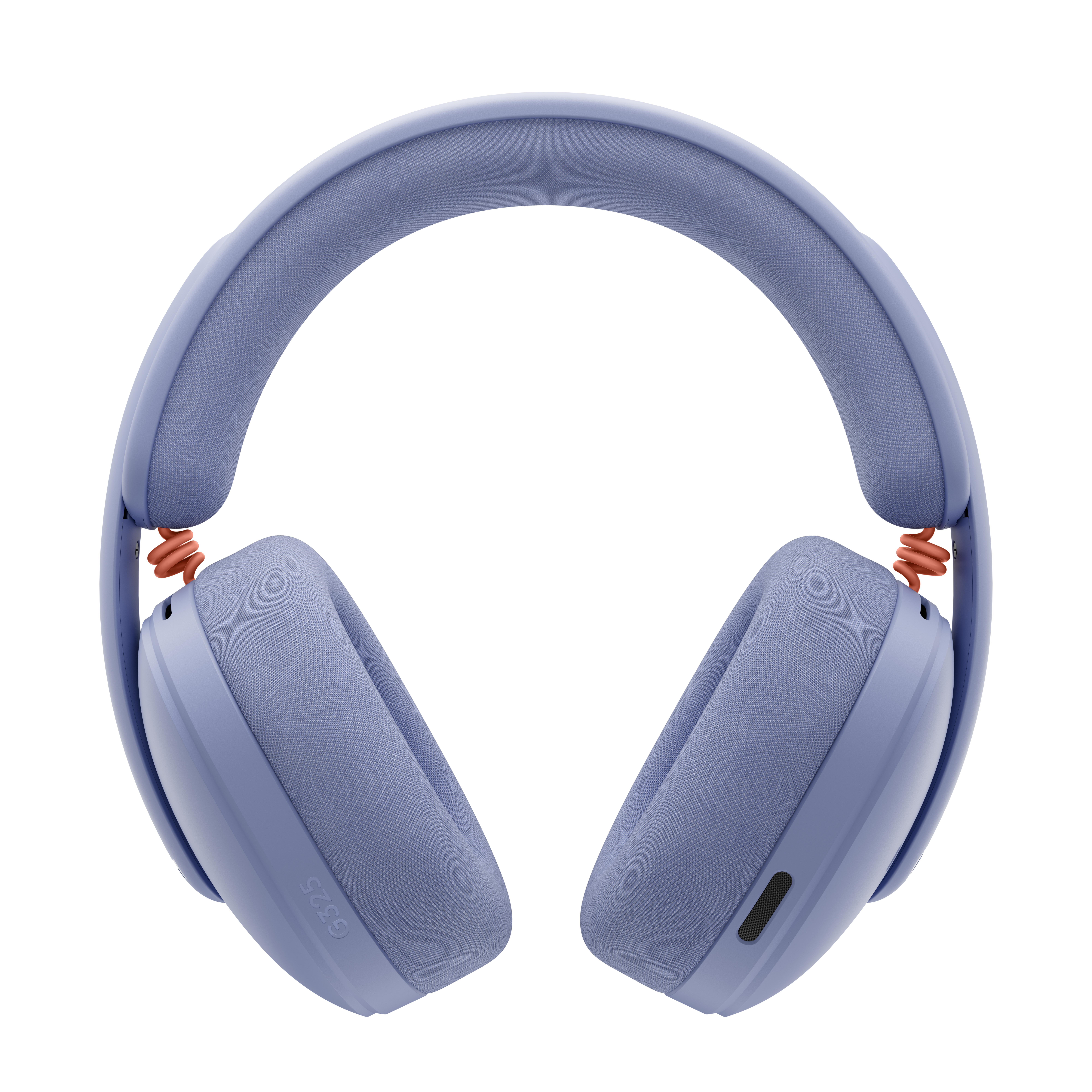 Auriculares azules con acolchado de tela y bobina naranja.