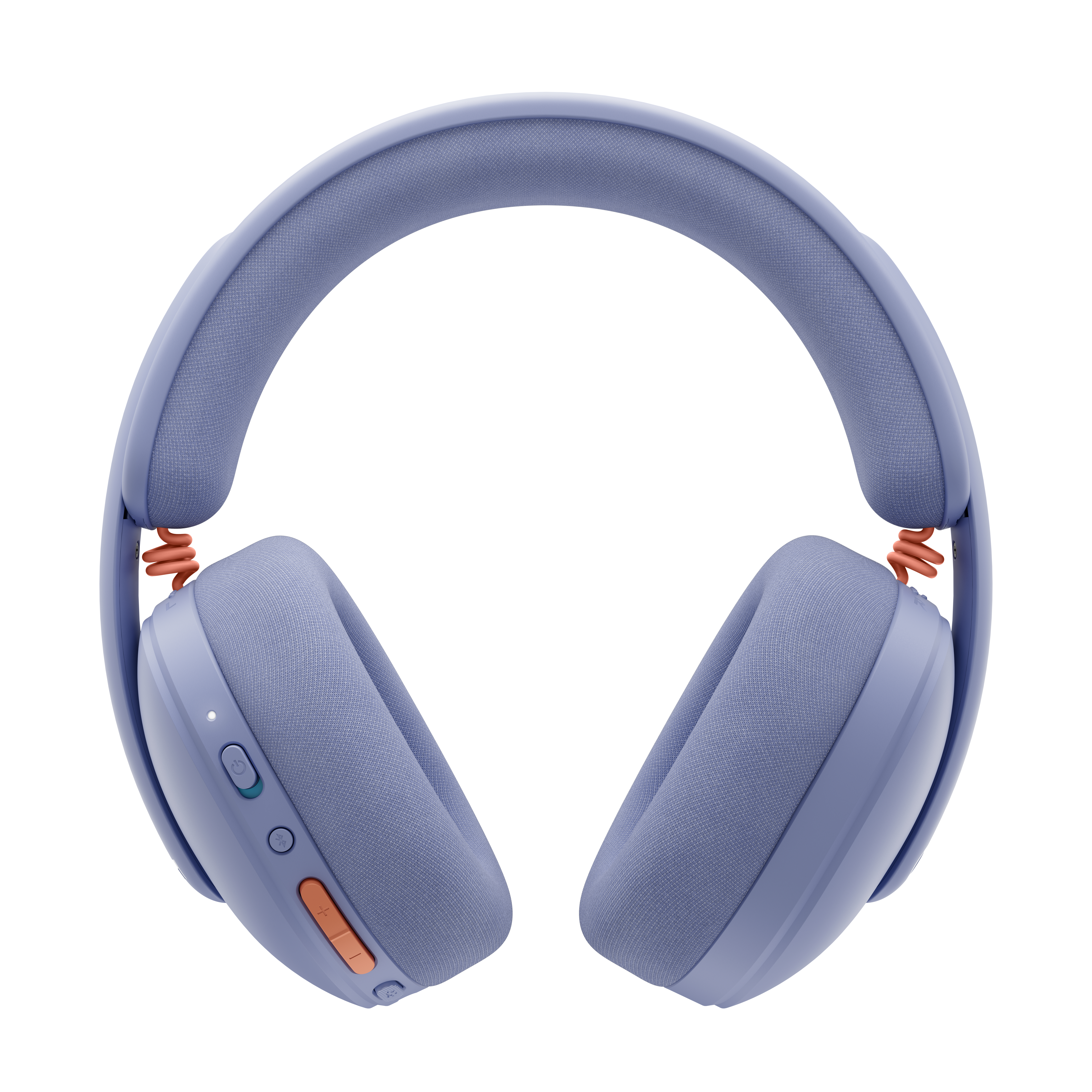 Auriculares morados con detalles naranjas sobre fondo blanco.