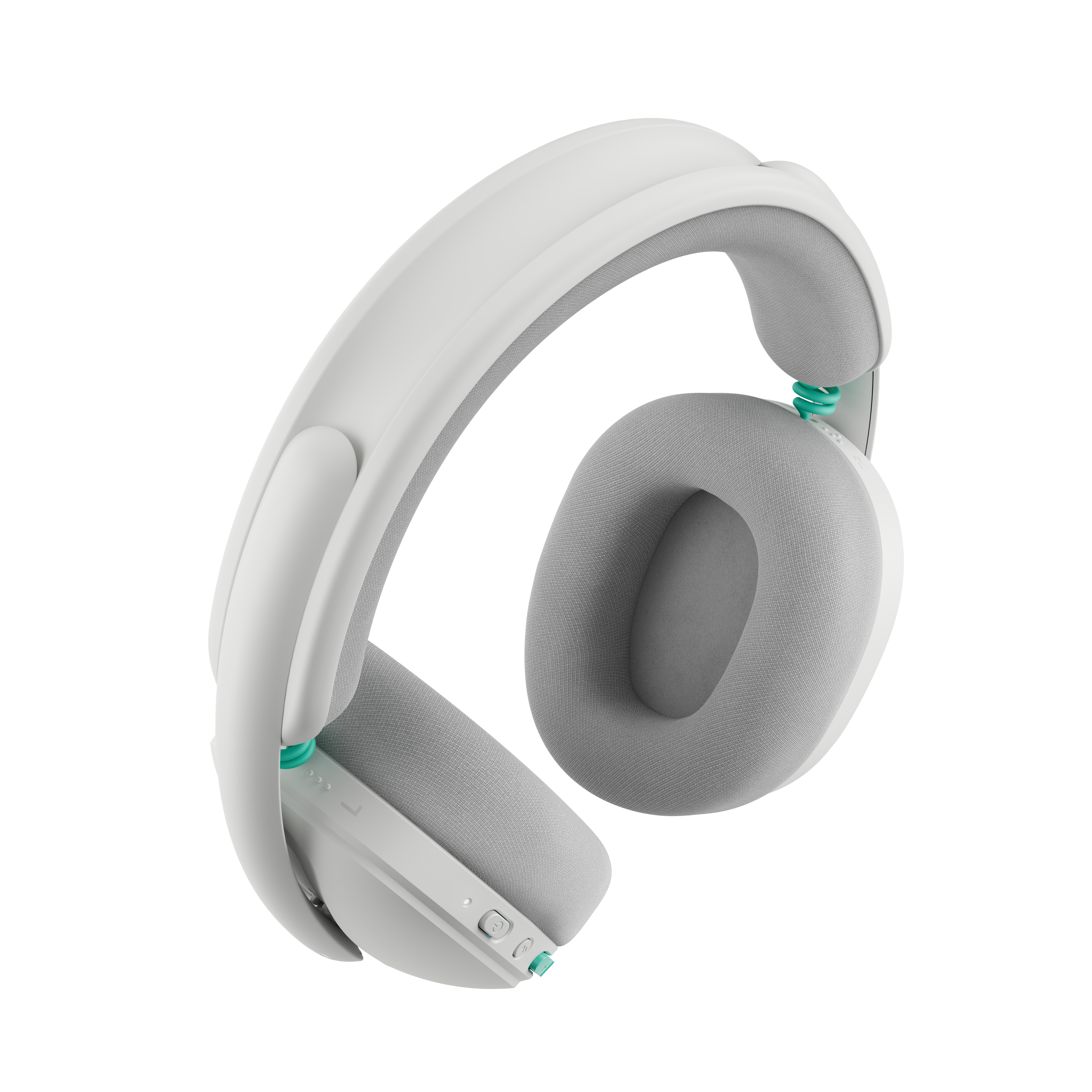 Auriculares blancos con almohadillas grises y detalles turquesa.