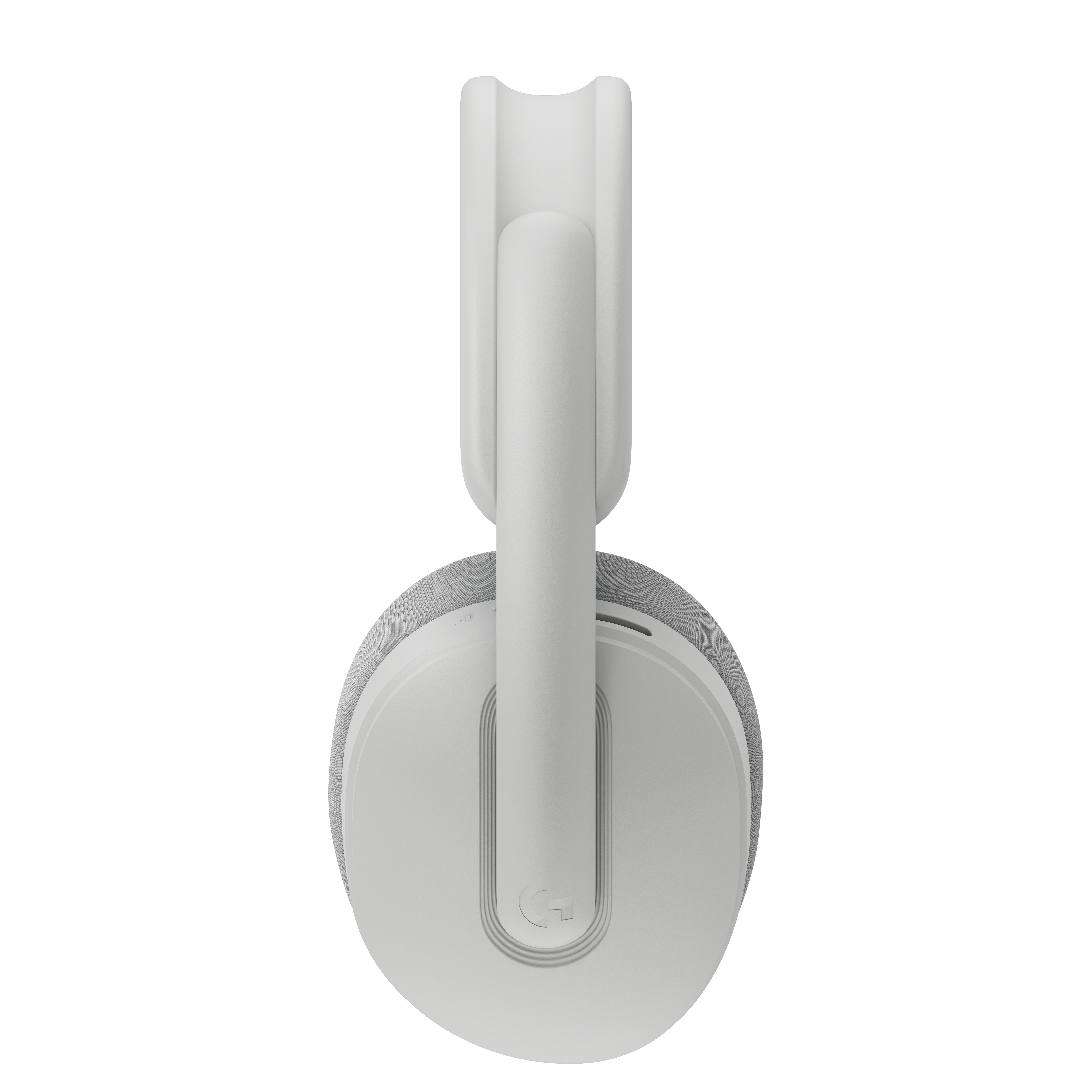 Auriculares grises con almohadillas de tela y un logo en el auricular izquierdo.