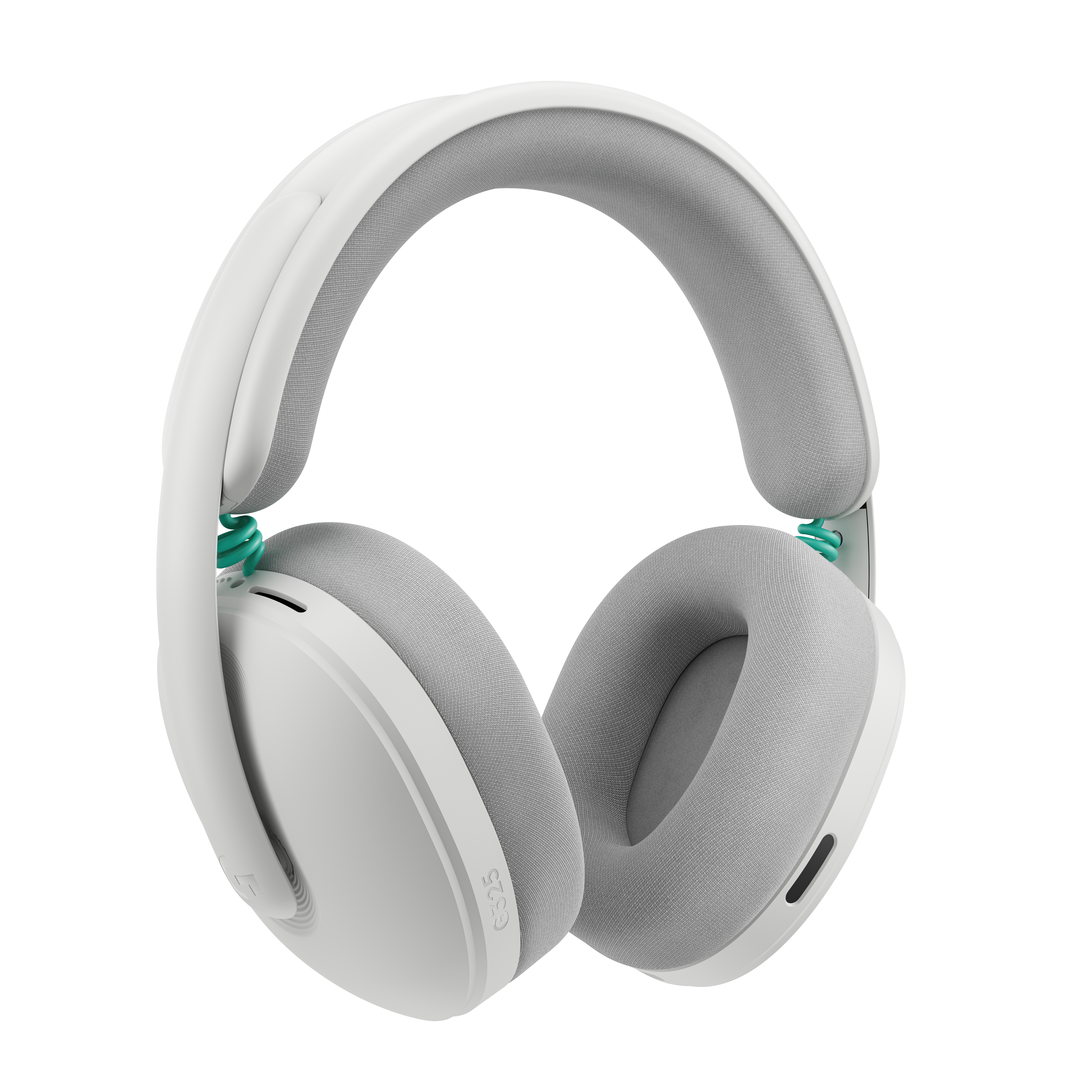 Auriculares blancos con almohadillas grises y un acento de espiral verde.