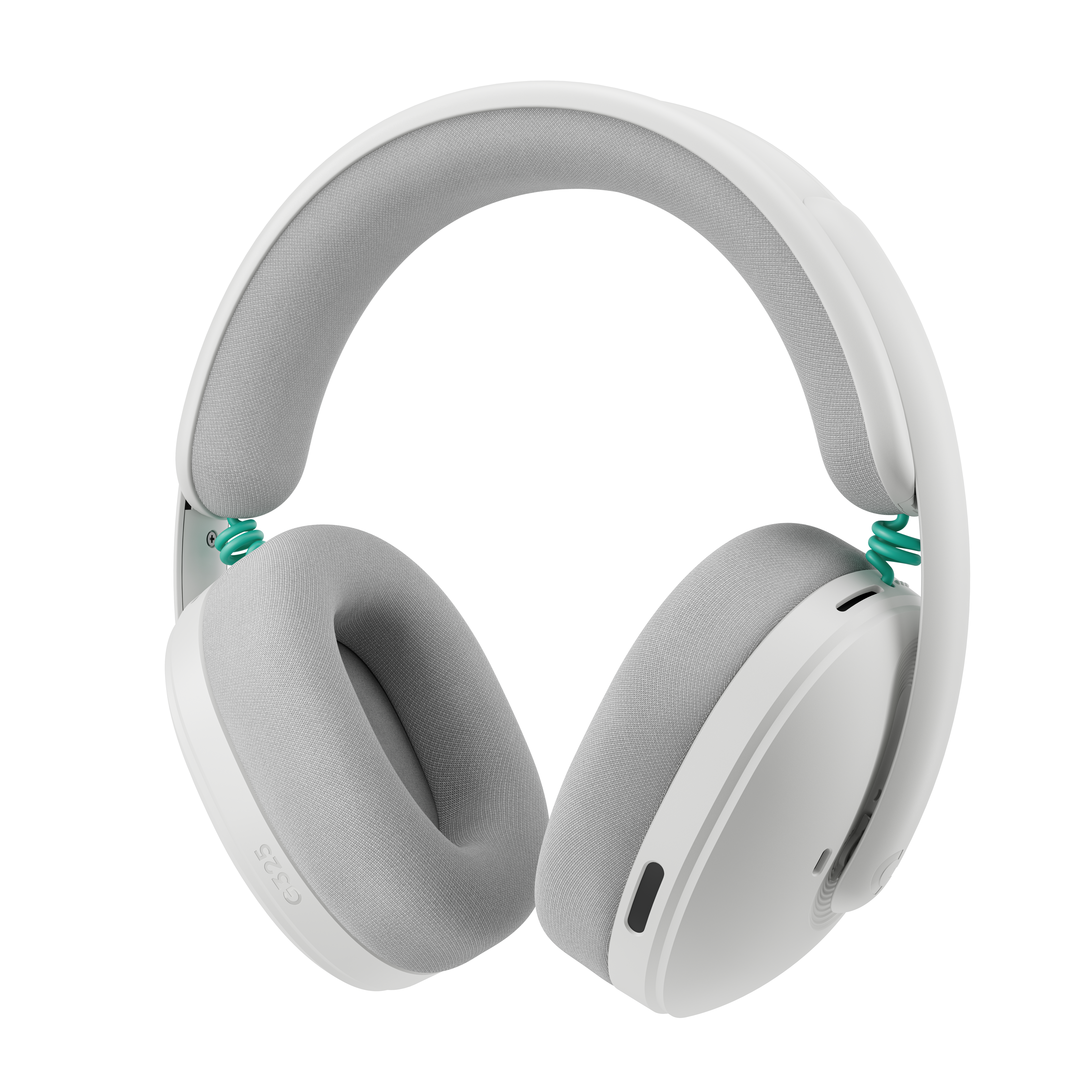 Auriculares blancos con almohadillas grises y resortes turquesa.