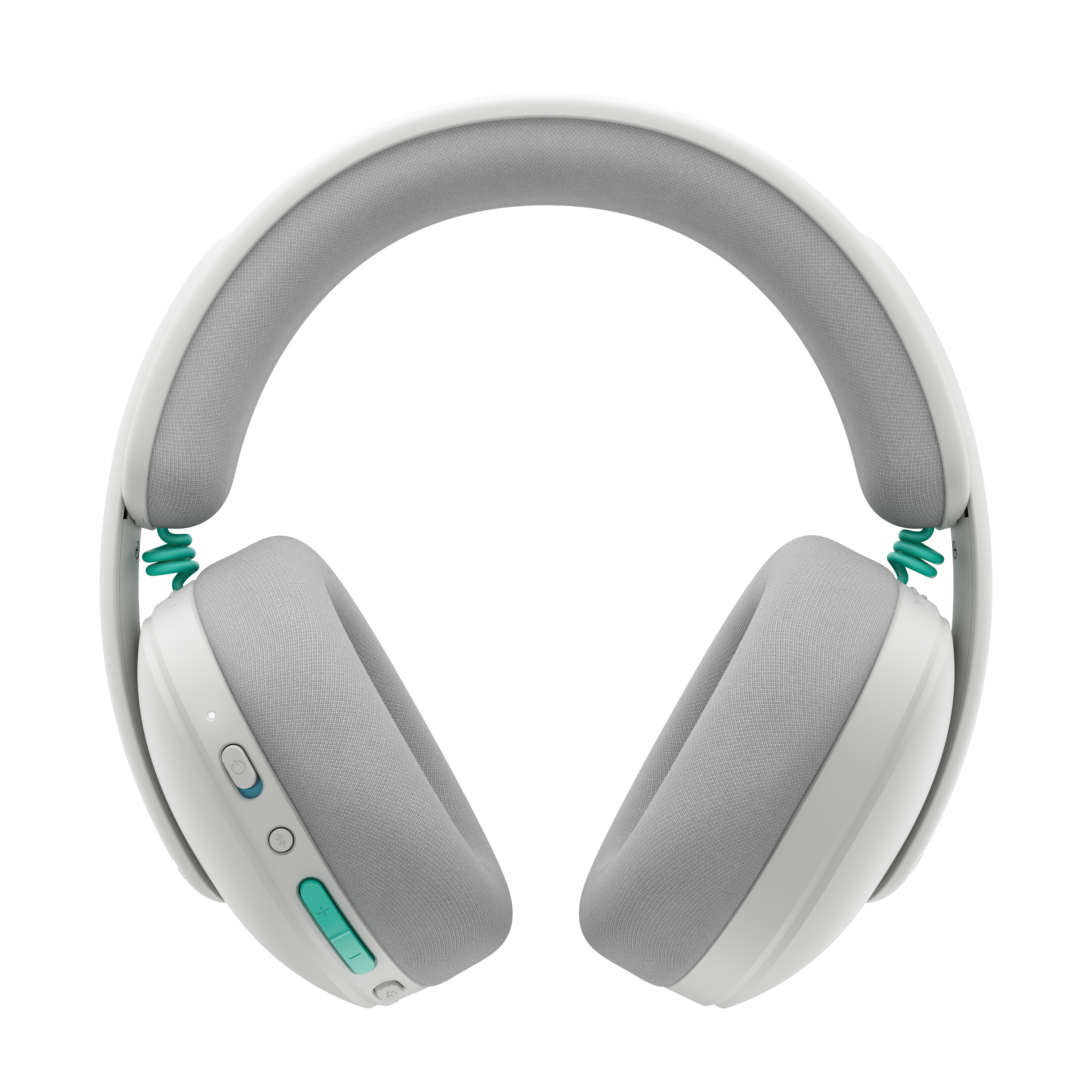 Auriculares blancos con almohadillas grises y detalles turquesa.