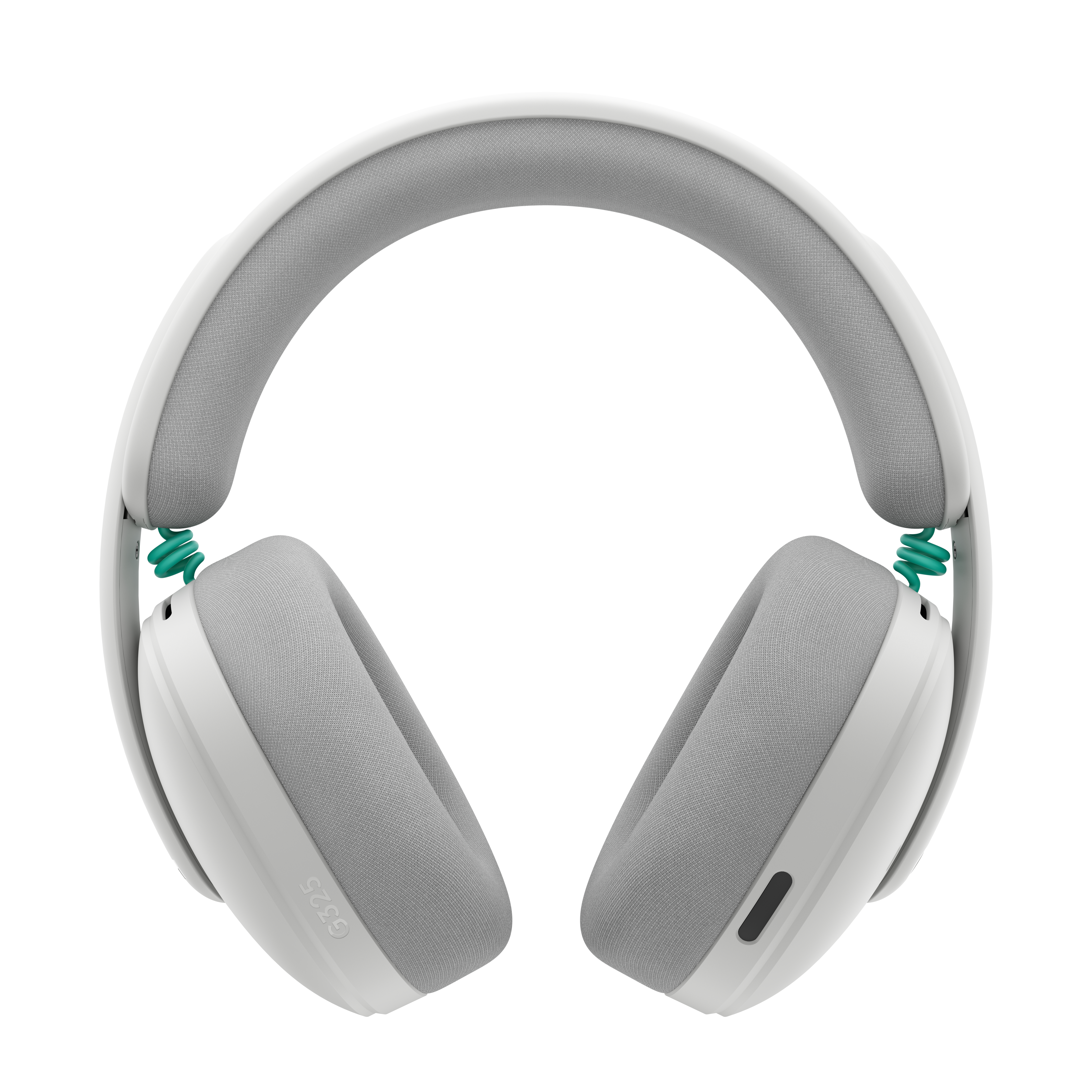 Auriculares blancos con tela gris y bobinas verdes.
