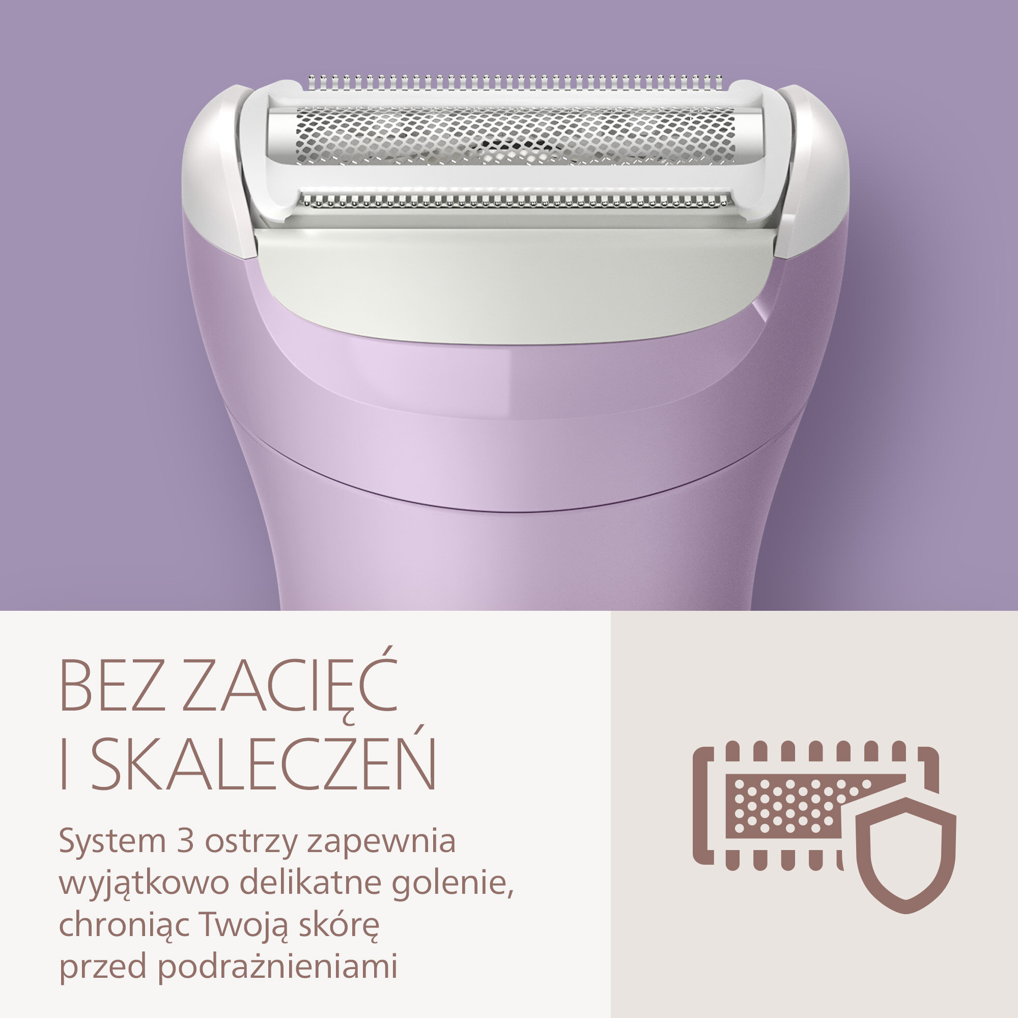 Zbliżenie na fioletowy depilator, pokazujący głowicę golącą i ikonę tarczy.
