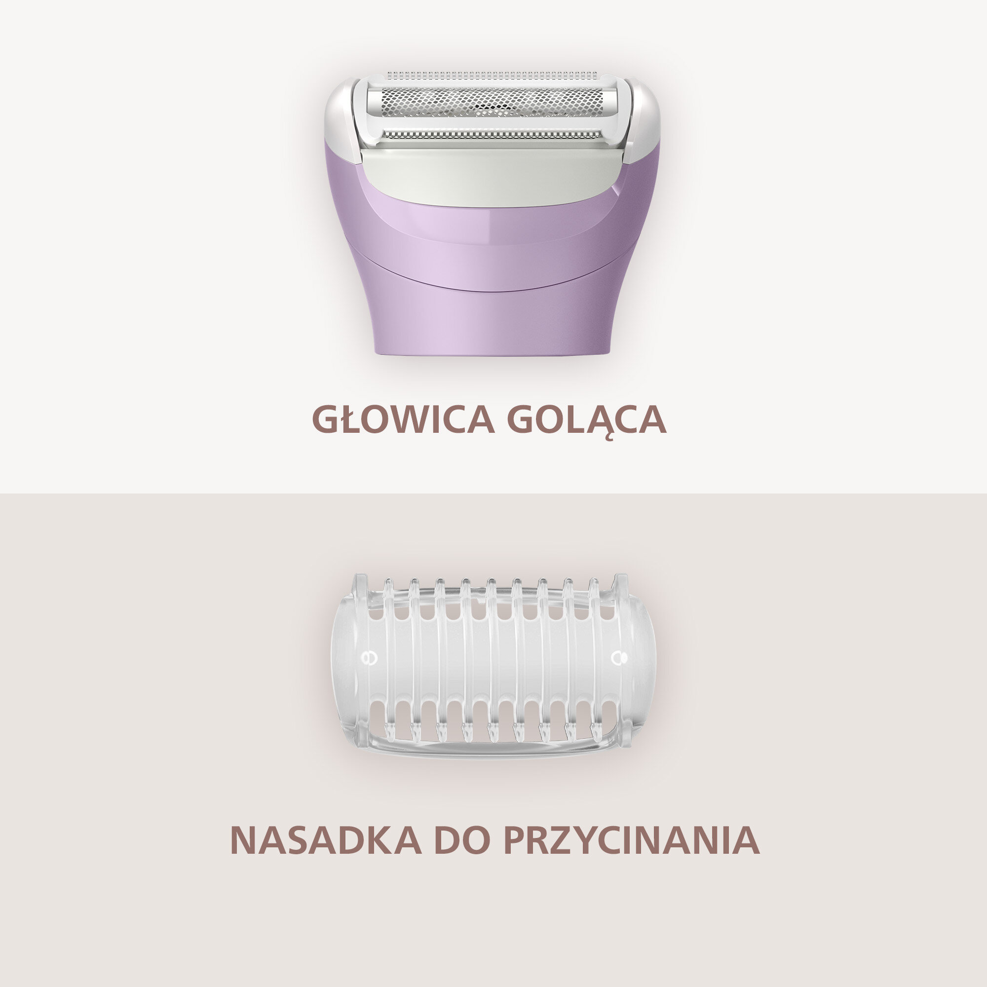 Fioletowa głowica goląca i przezroczysta nasadka do przycinania na jasnym tle.