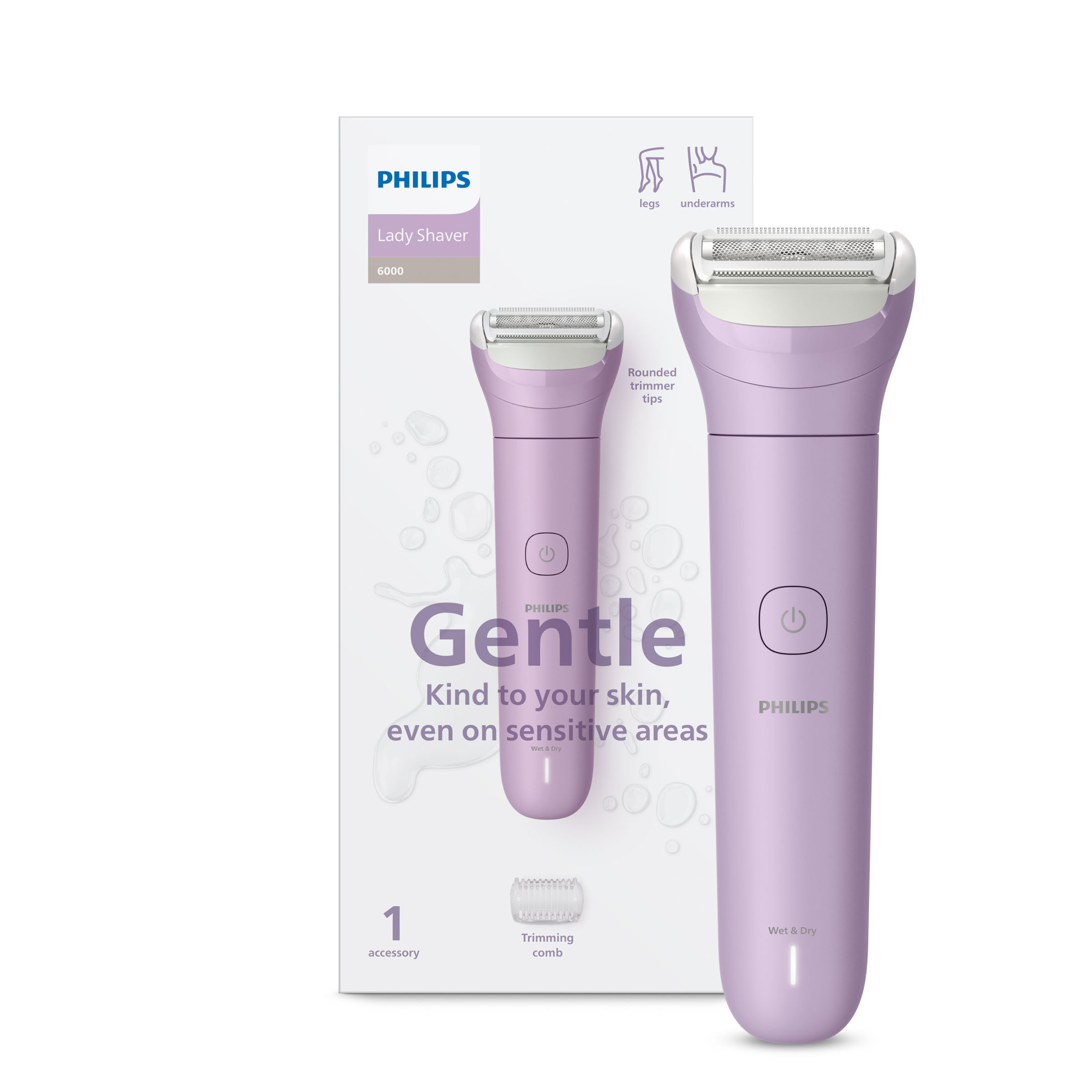 Fioletowa maszynka do golenia Philips Lady Shaver 6000 z nasadką i akcesorium.