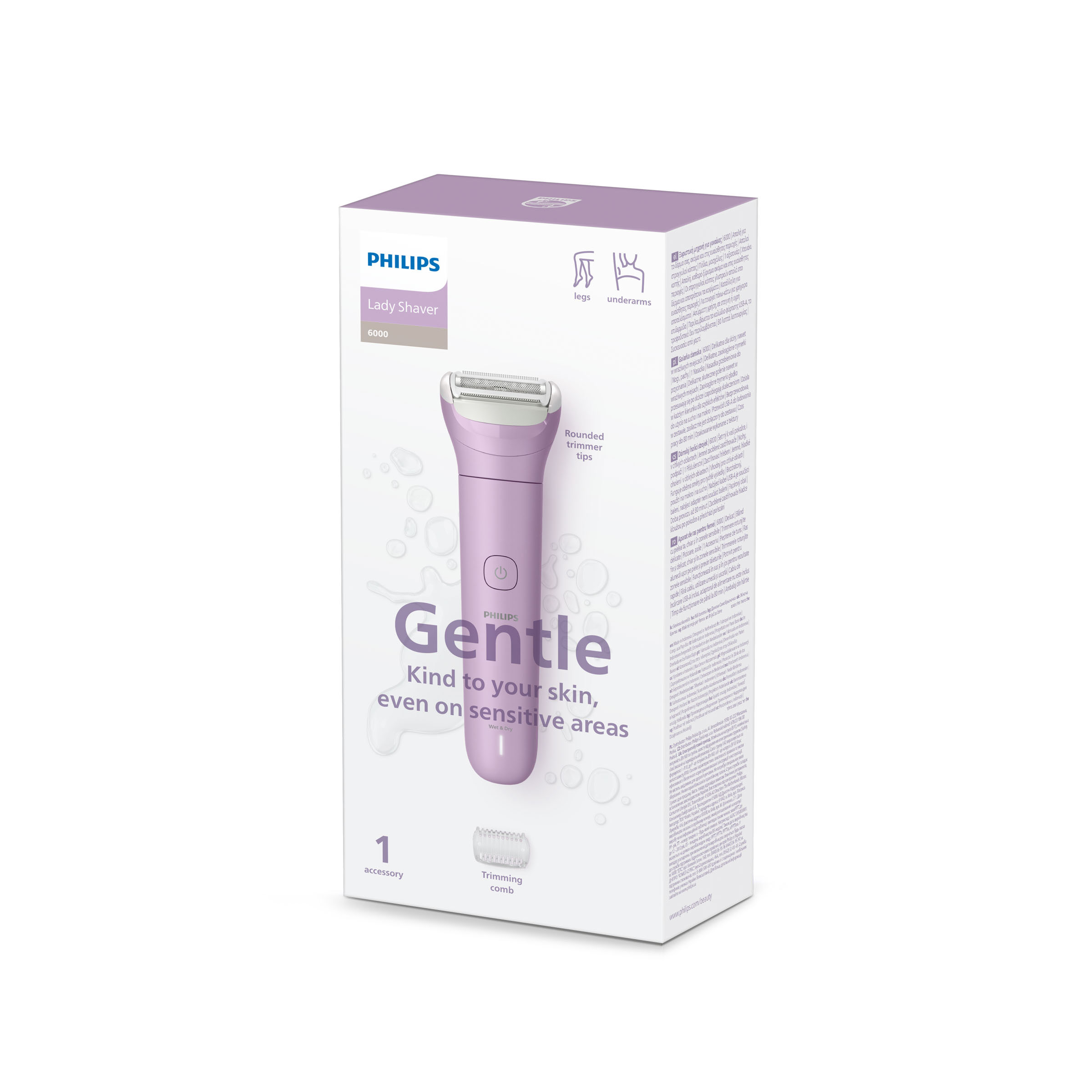 Philips Lady Shaver 6000, fioletowy, z nasadką do przycinania i kablem USB.