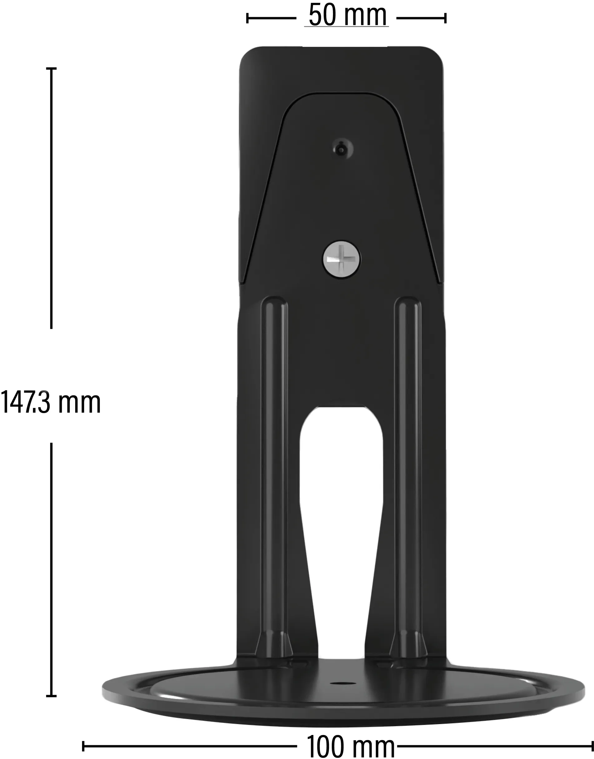 Schwarze Halterung mit Maßen 147,3 mm H, 100 mm B, 50 mm T.