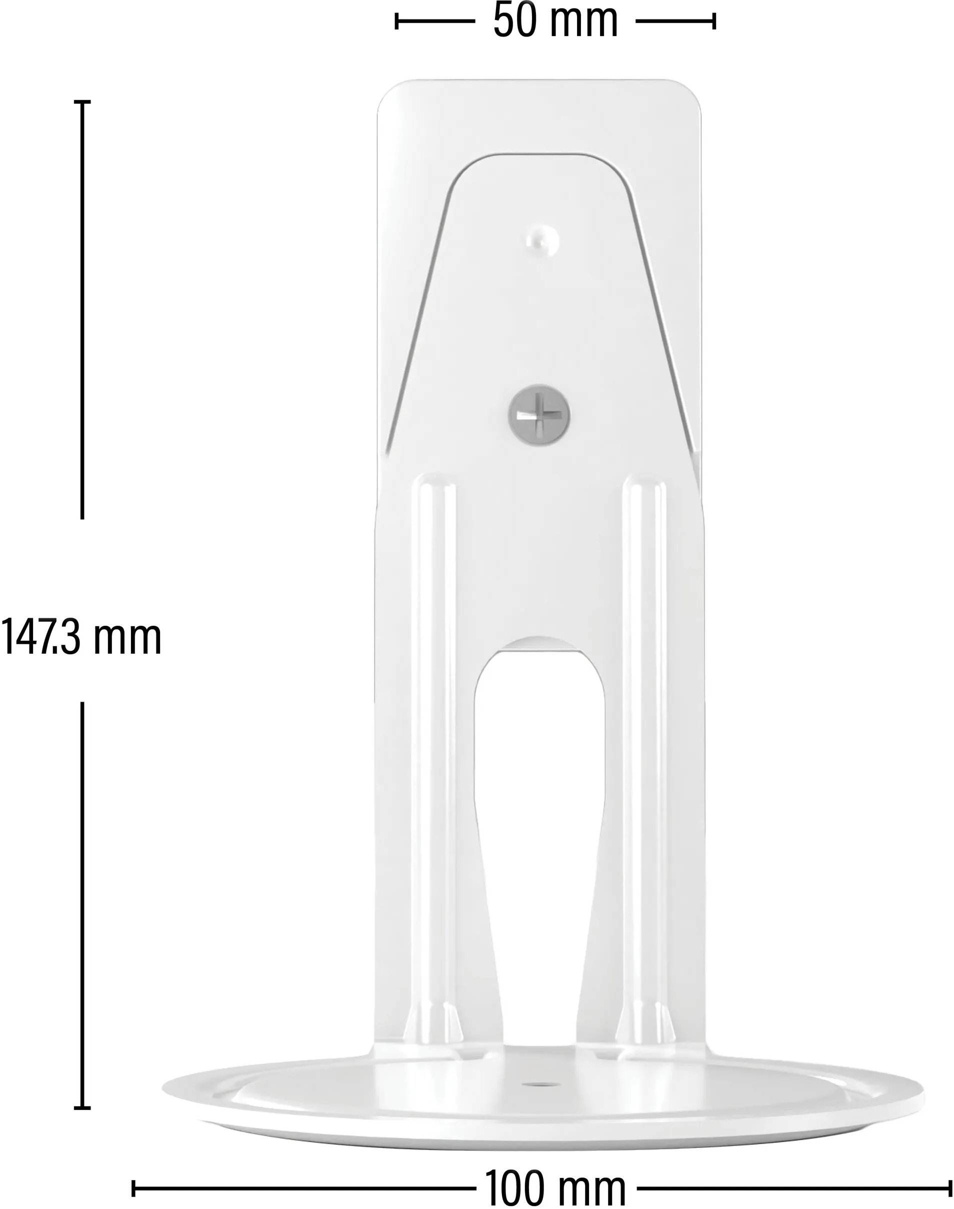 Ein weißer Halter mit Maßen 147,3 mm Höhe und 100 mm Breite.