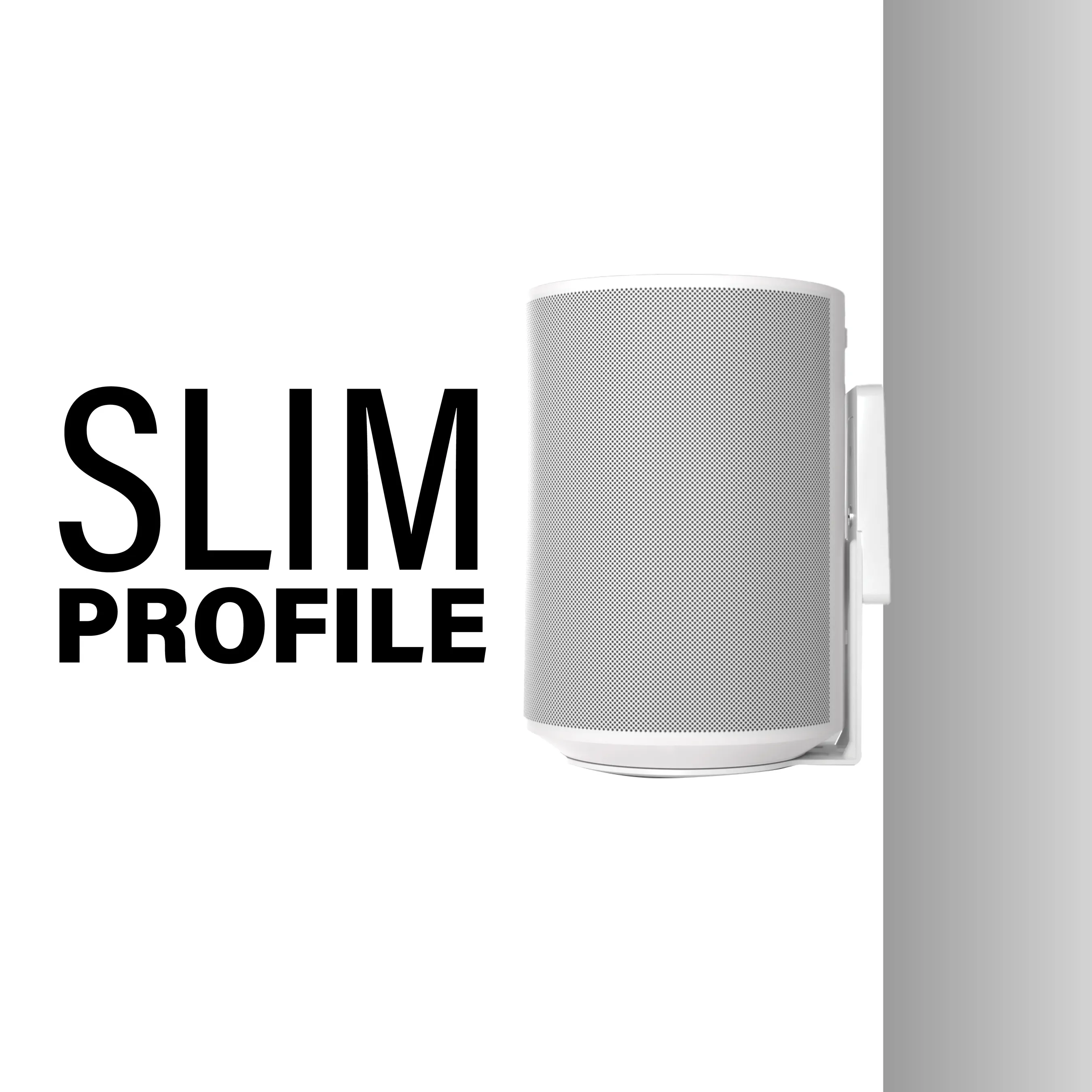 Weiße zylindrische Lautsprecherhalterung mit SLIM PROFILE Schriftzug.